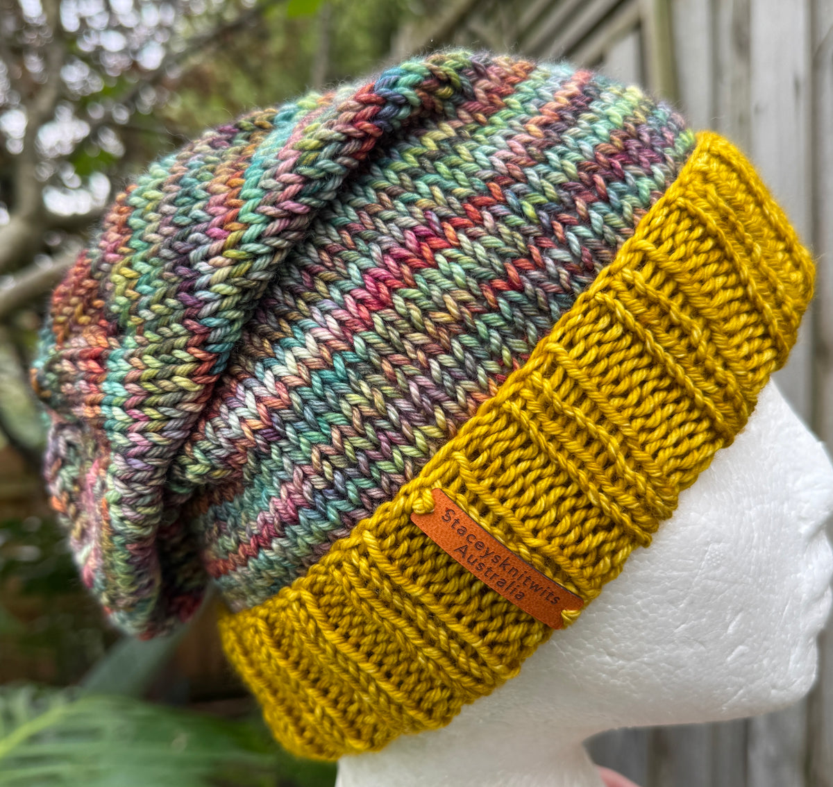 Merino Slouchy Beanie, Hand Knitted Mustard & Rainbow Slouchy