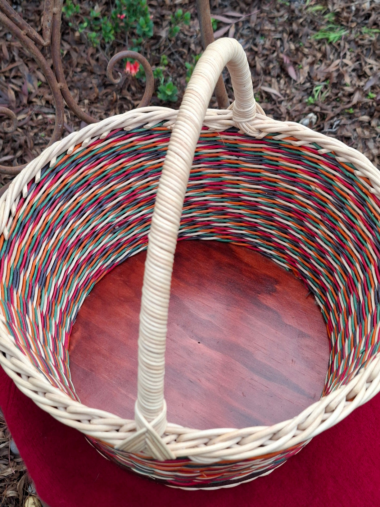 Large Round Market Basket orang, green, black, red, and natural.