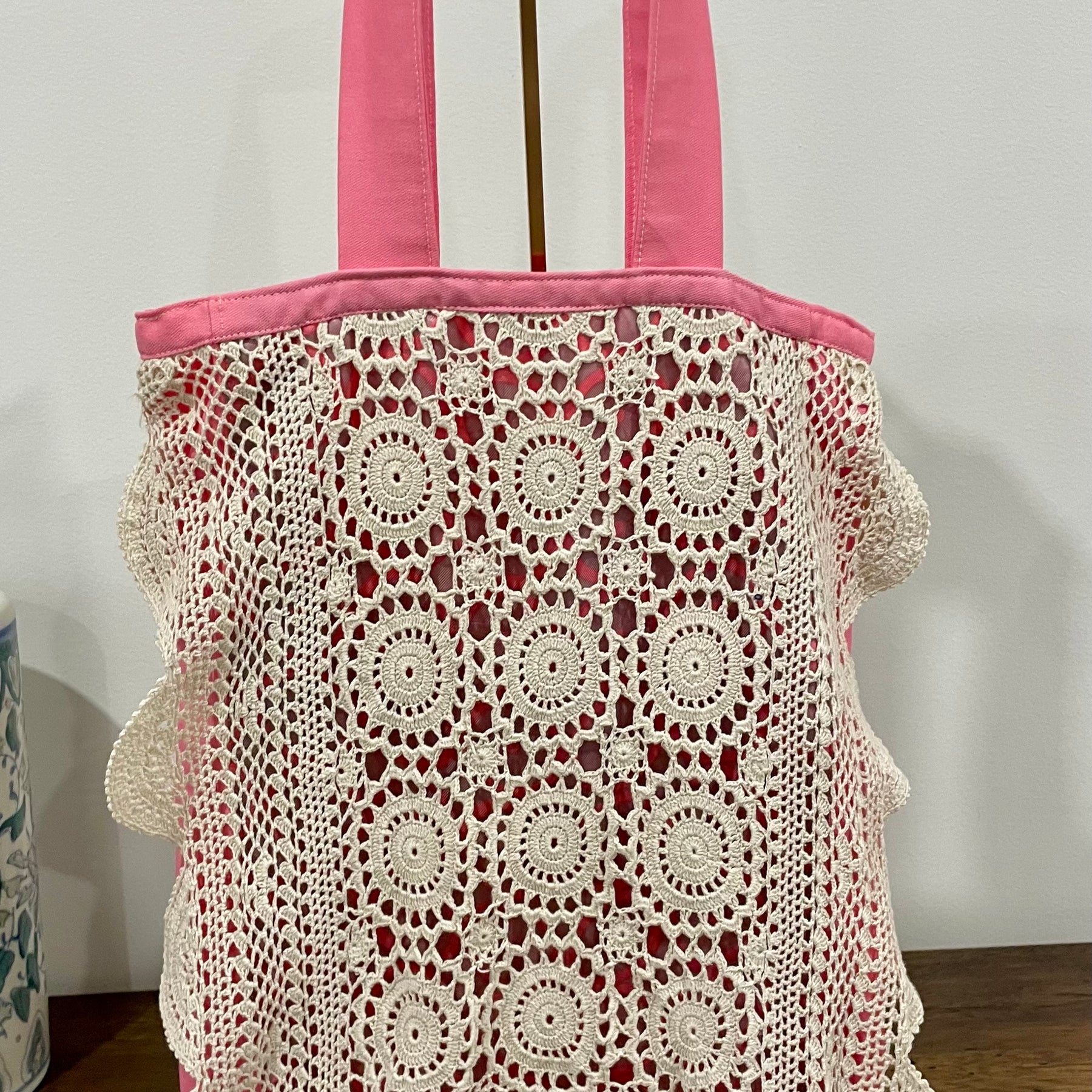Crochet Doily Tote | Upcycled Silk Scarf & Pink Cotton Shoulder Bag