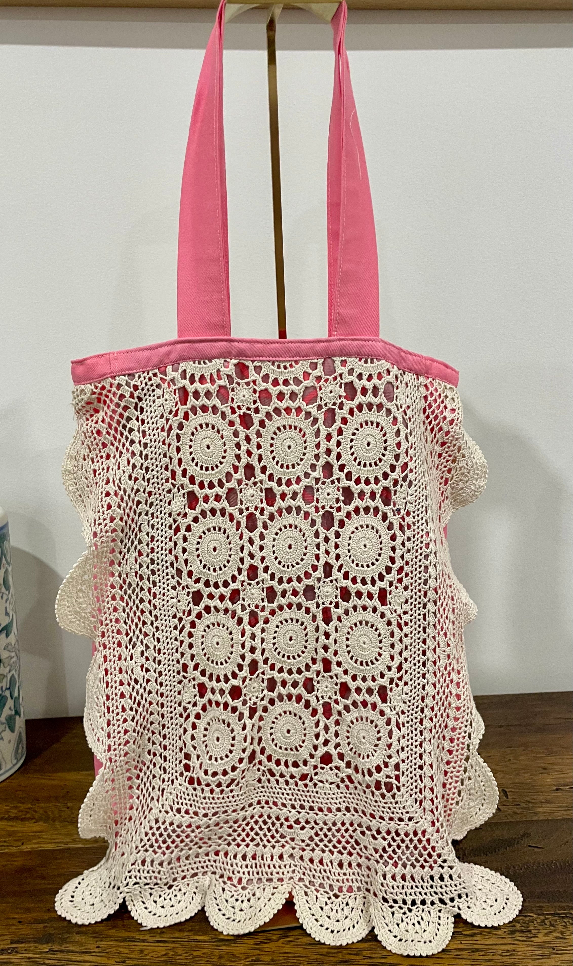 Crochet Doily Tote | Upcycled Silk Scarf & Pink Cotton Shoulder Bag