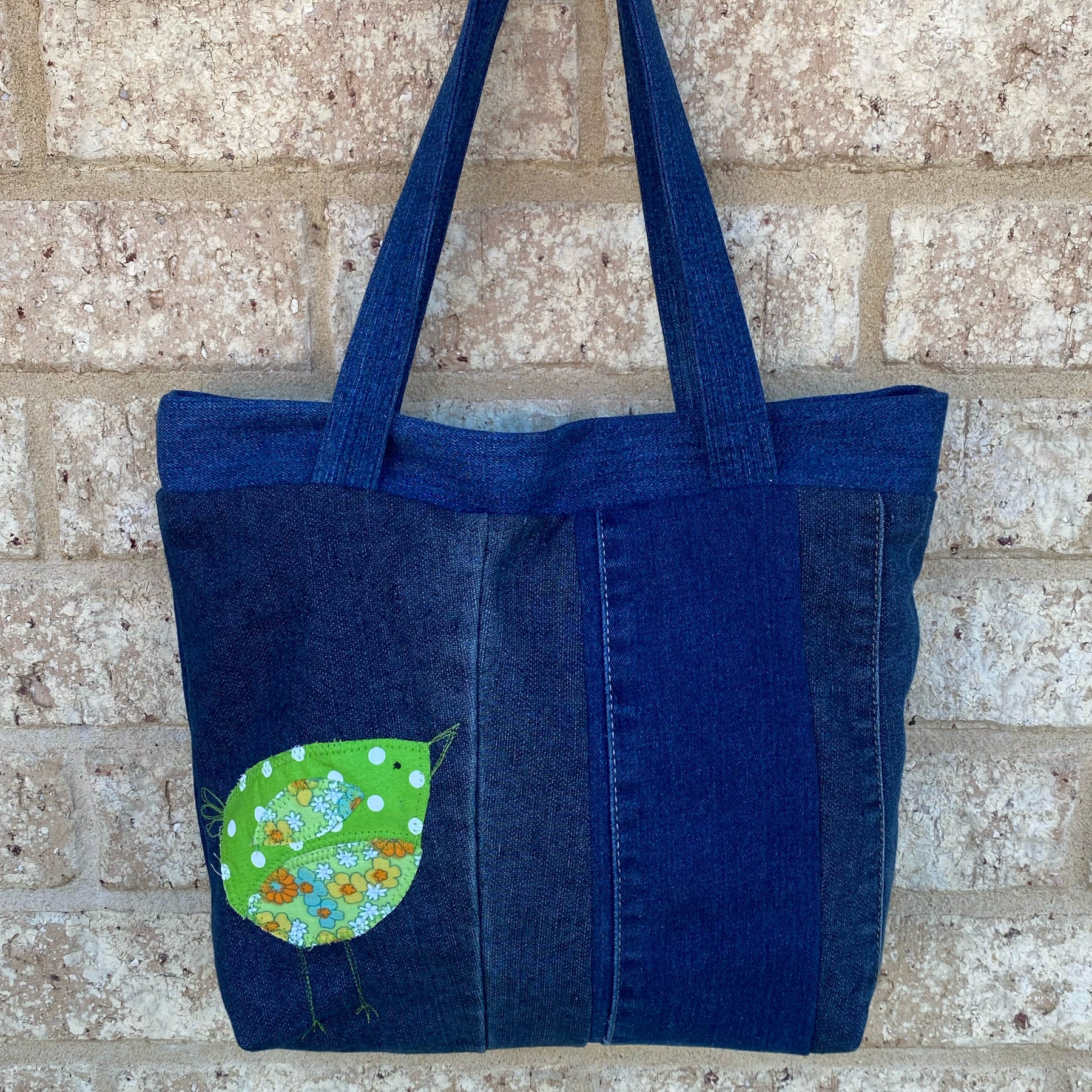 Green Wing Denim Handmade Tote Bag Upcycled Vintage Fabrics & Denim