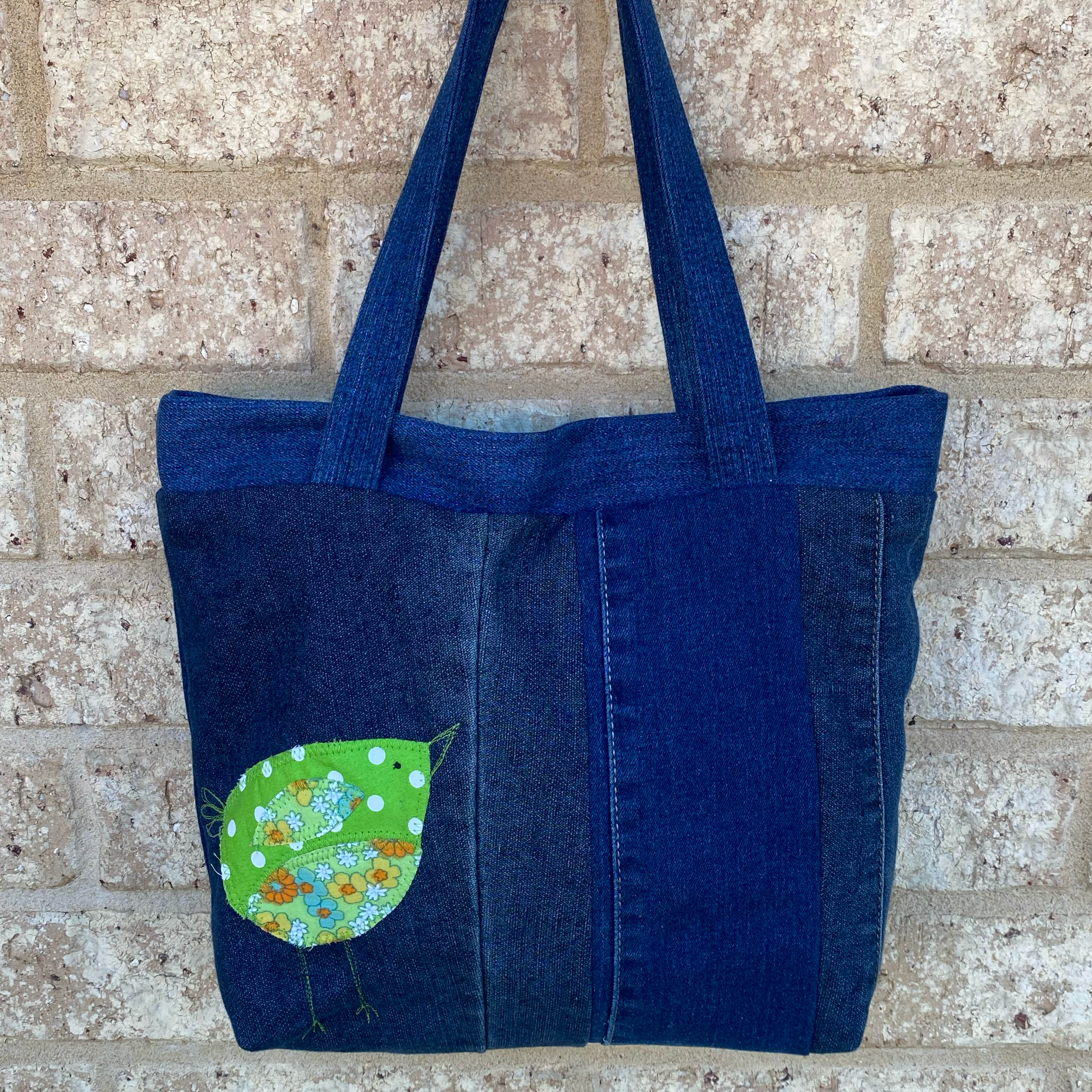 Green Wing Denim Handmade Tote Bag Upcycled Vintage Fabrics & Denim
