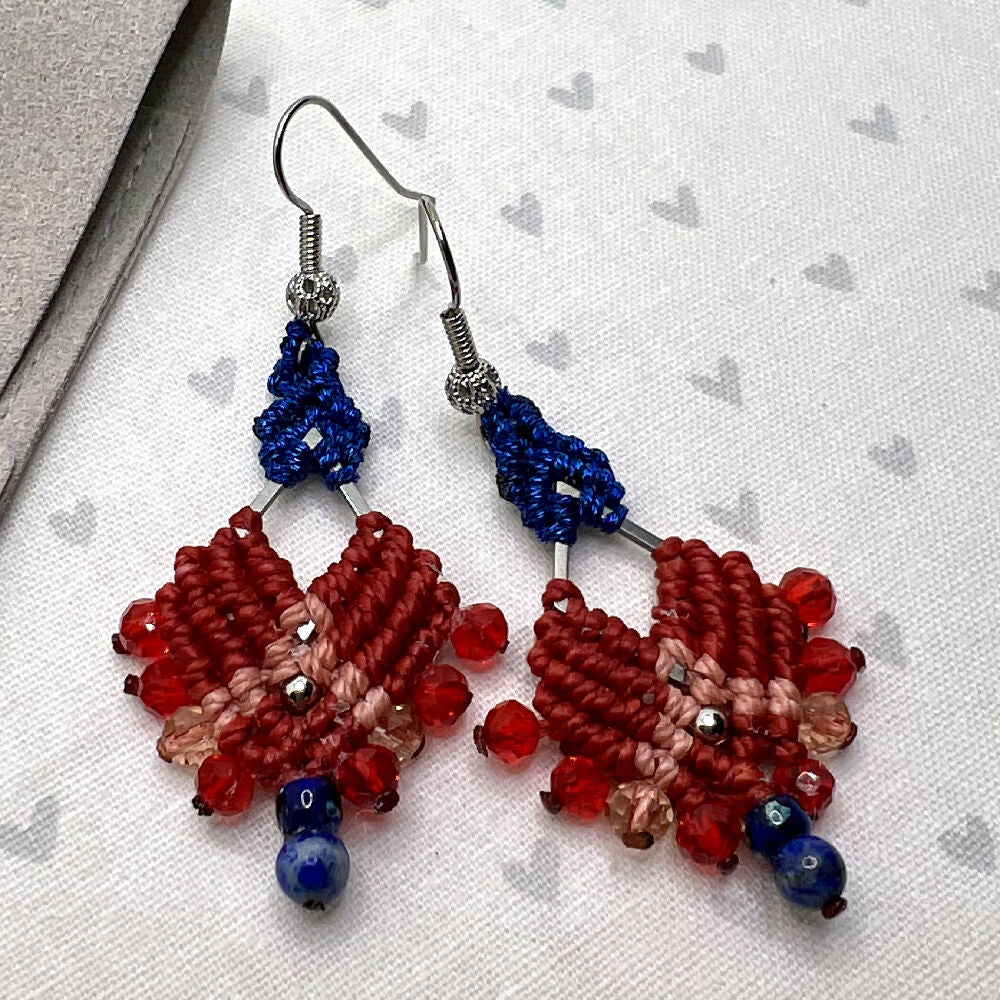 Red & Blue micro macrame earrings +Free microfibre pouch