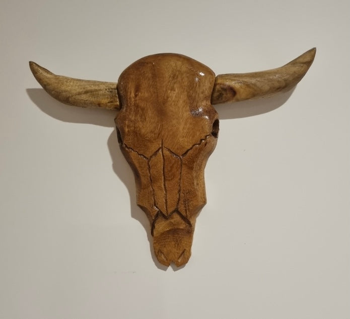 Hand carved timber longhorn skull wall art