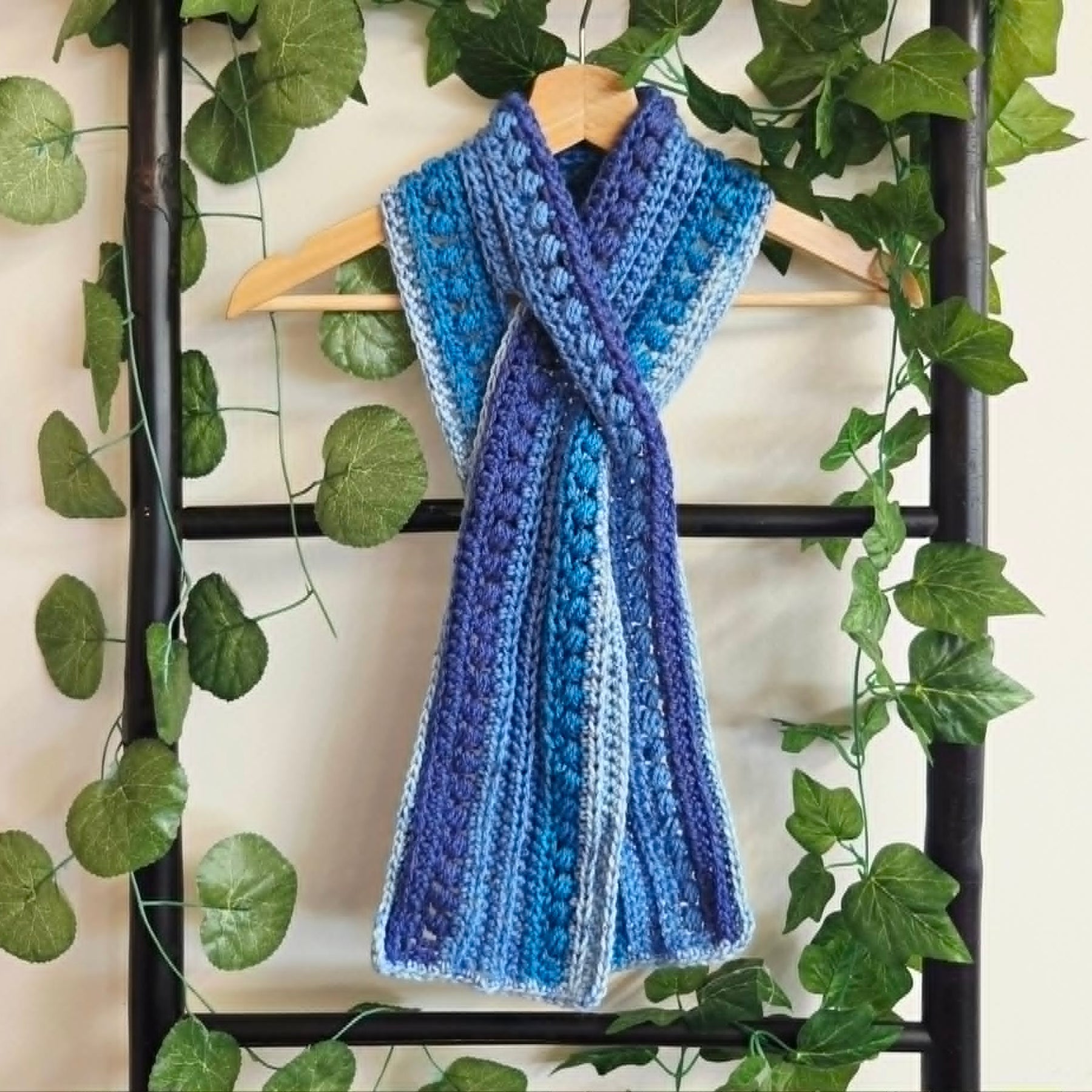 Crochet Keyhole Scarf | Handmade Adult Neckwarmer | Blue Tones