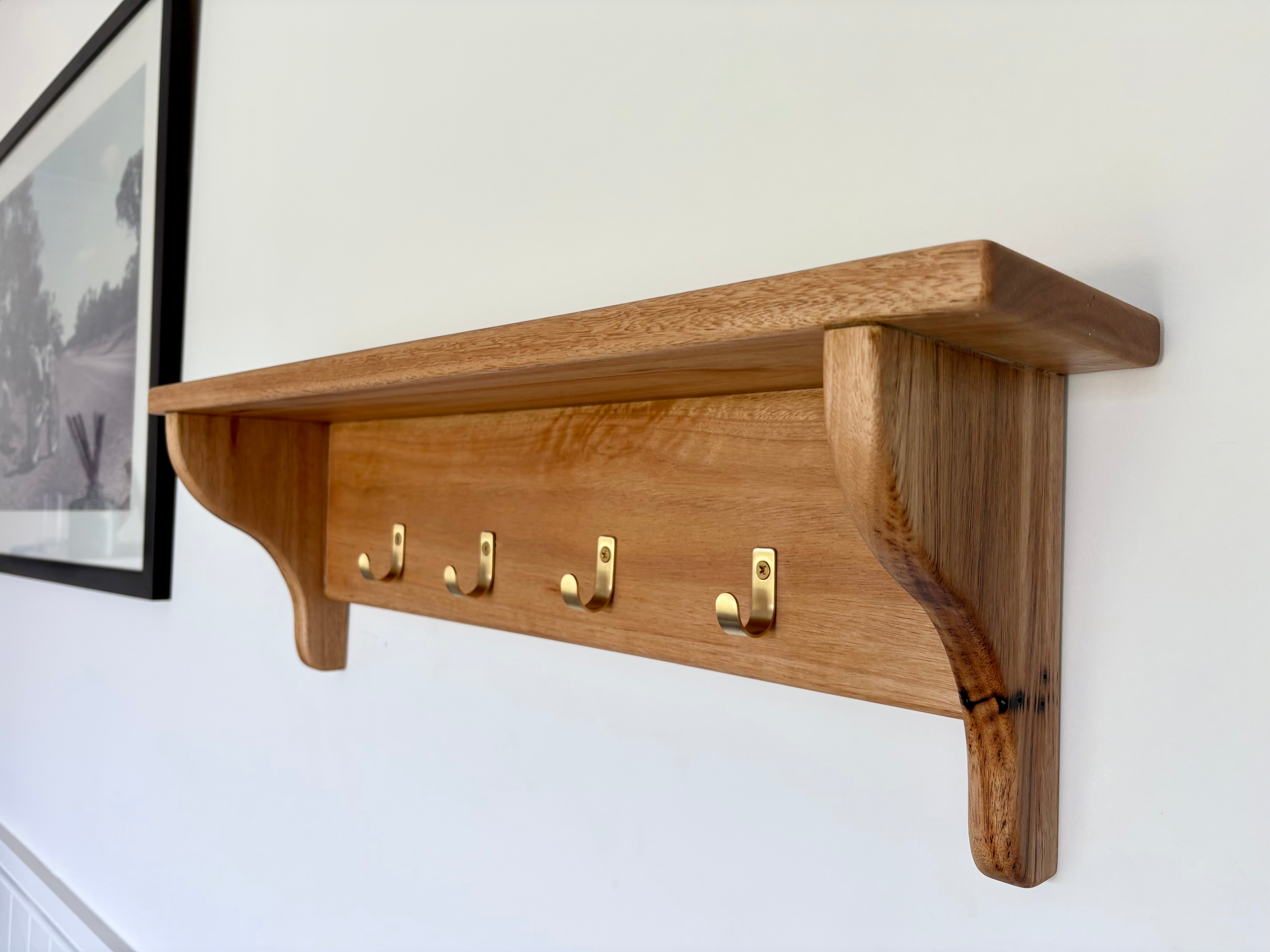 Blackbutt wall shelf with gold hooks