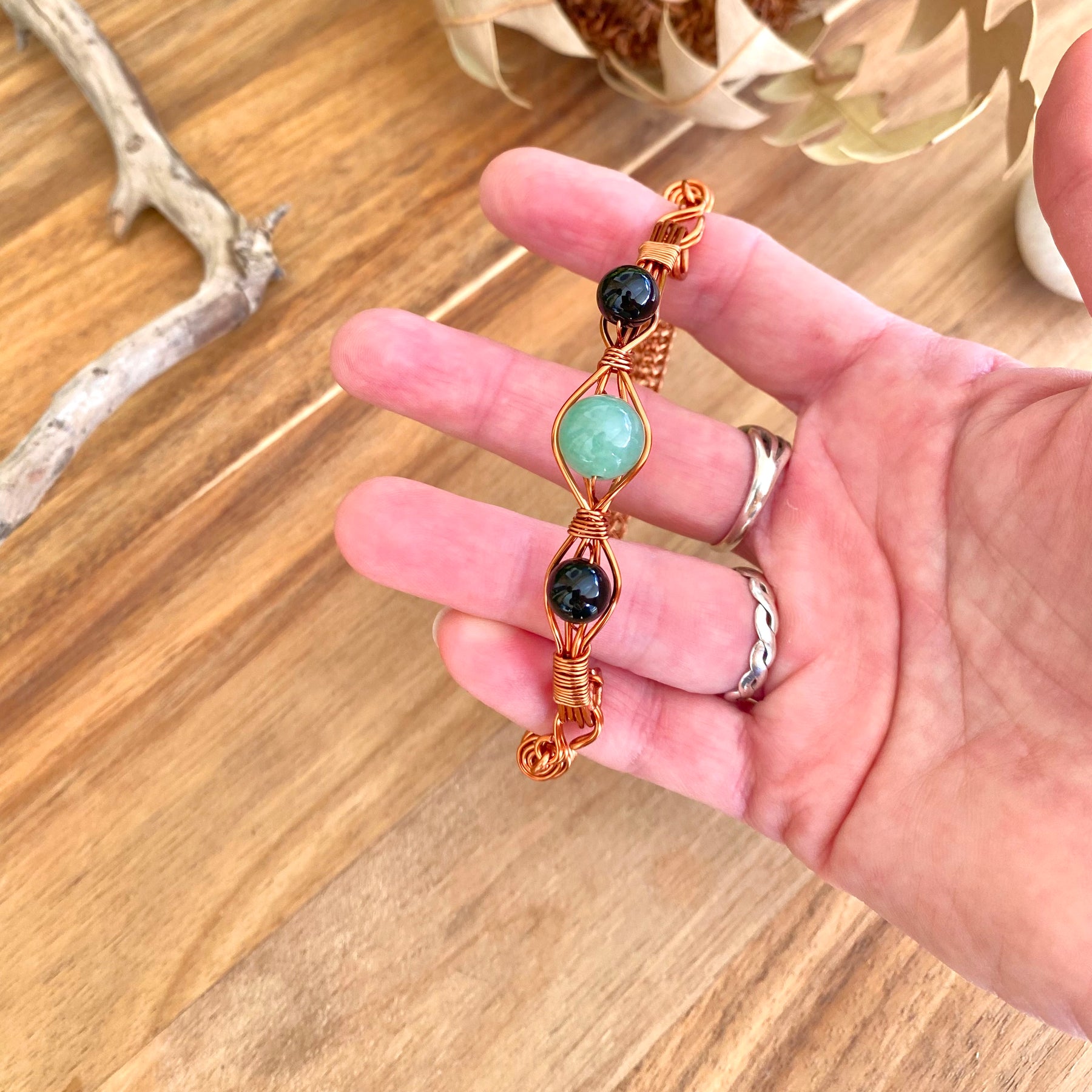 Copper Viking Wire Knitted Gemstone Bracelet  | Aventurine and Onyx Jewellery