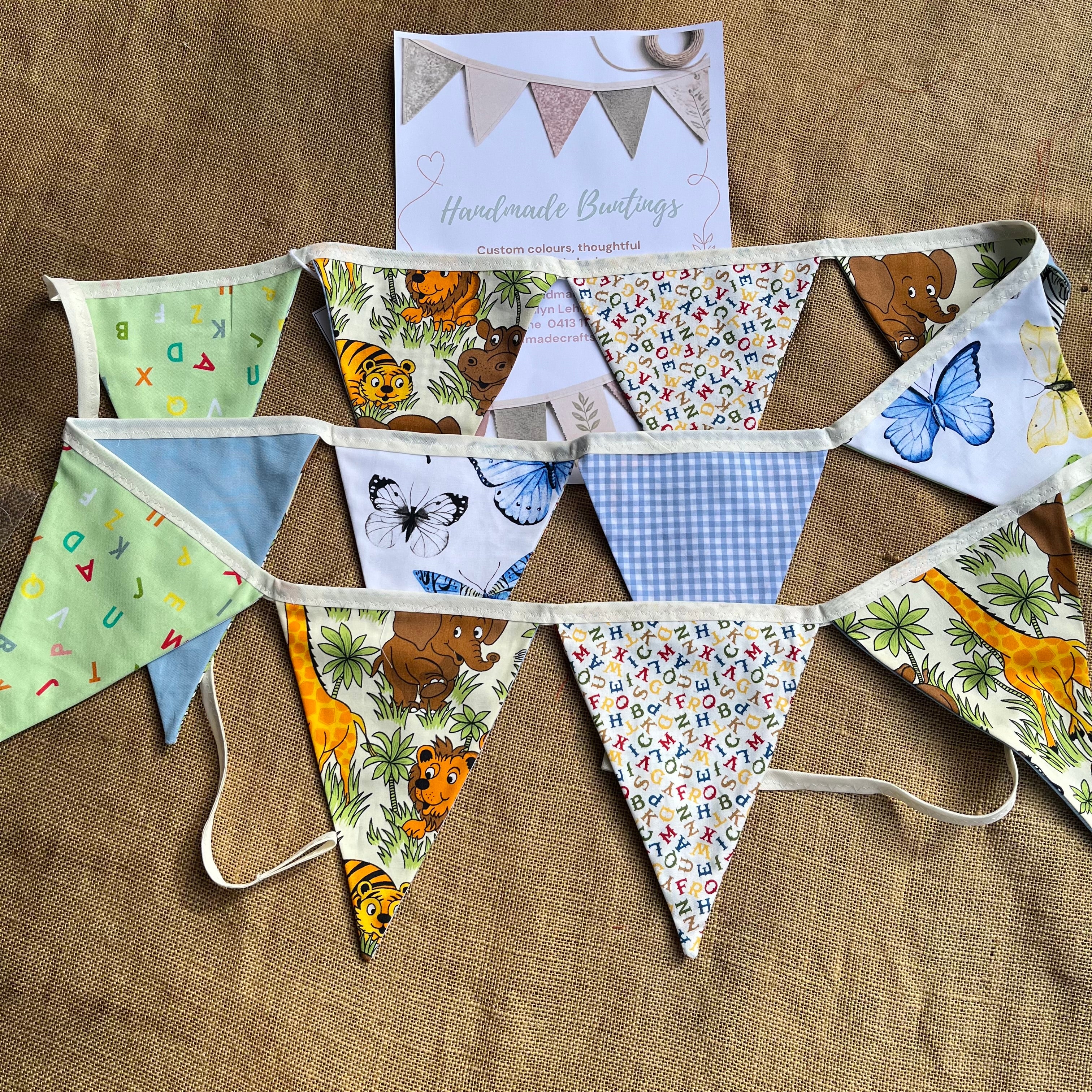 Nursery/celebration Bunting | 3m long | reversible | jungle animals | butterflies