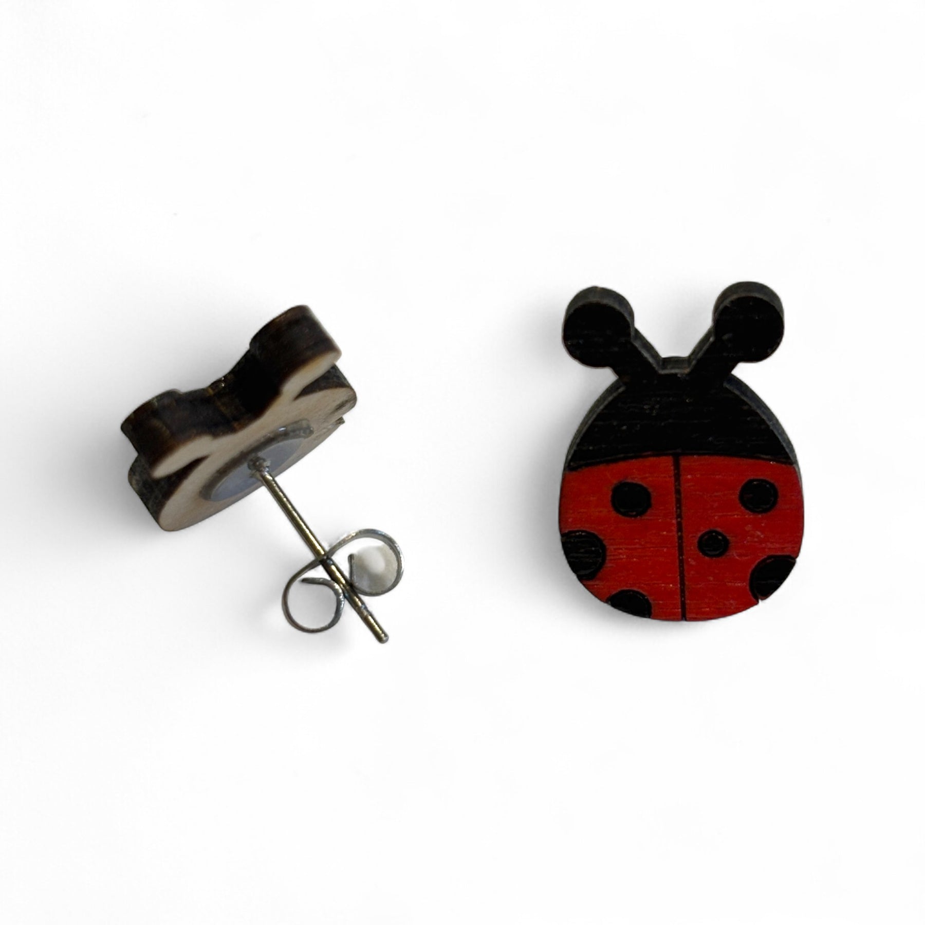 Ladybug studs - hand painted, wooden earrings