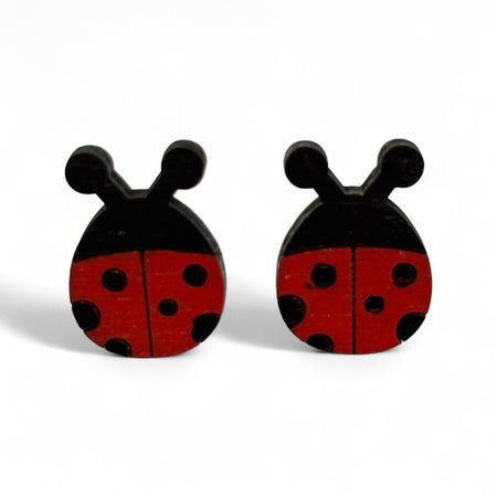 Ladybug studs - hand painted, wooden earrings