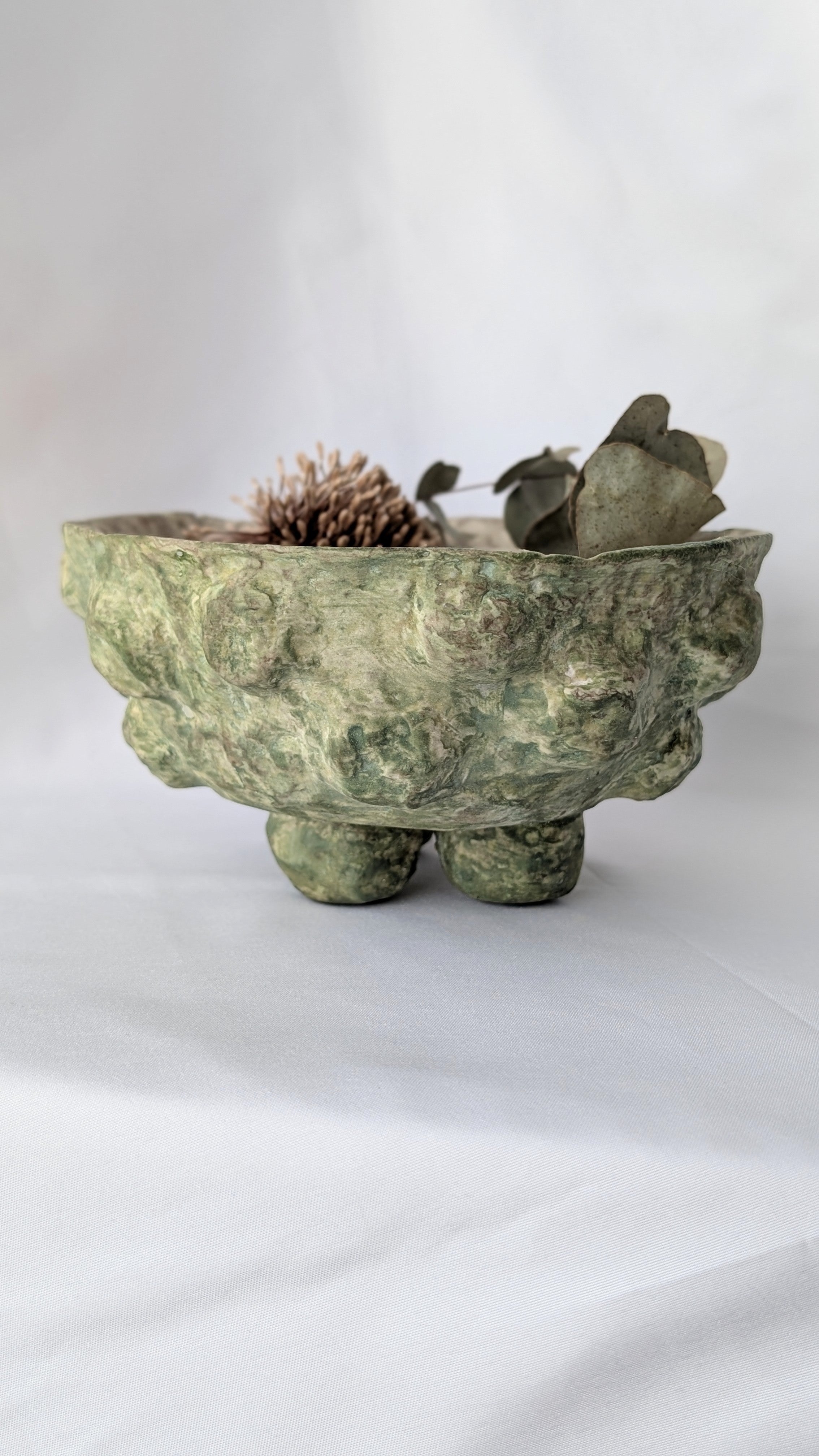 Handcrafted Paper Clay Bowl –  Unique Decorative Textured Botanical Green