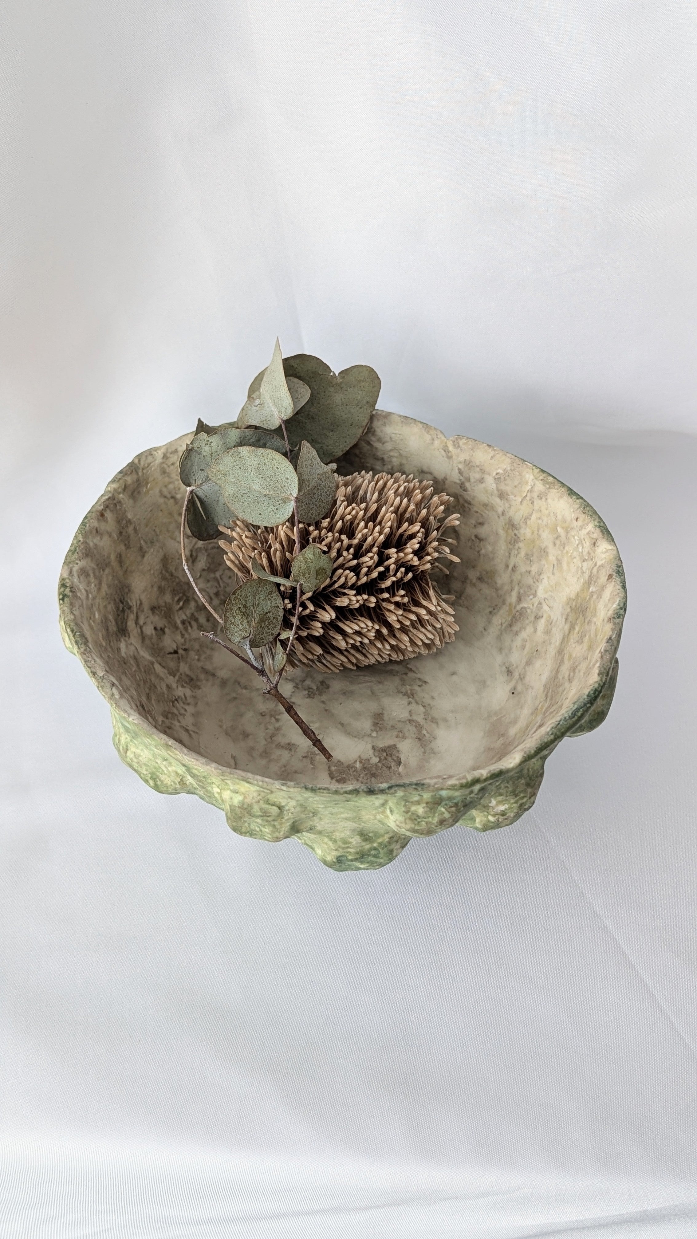 Handcrafted Paper Clay Bowl –  Unique Decorative Textured Botanical Green