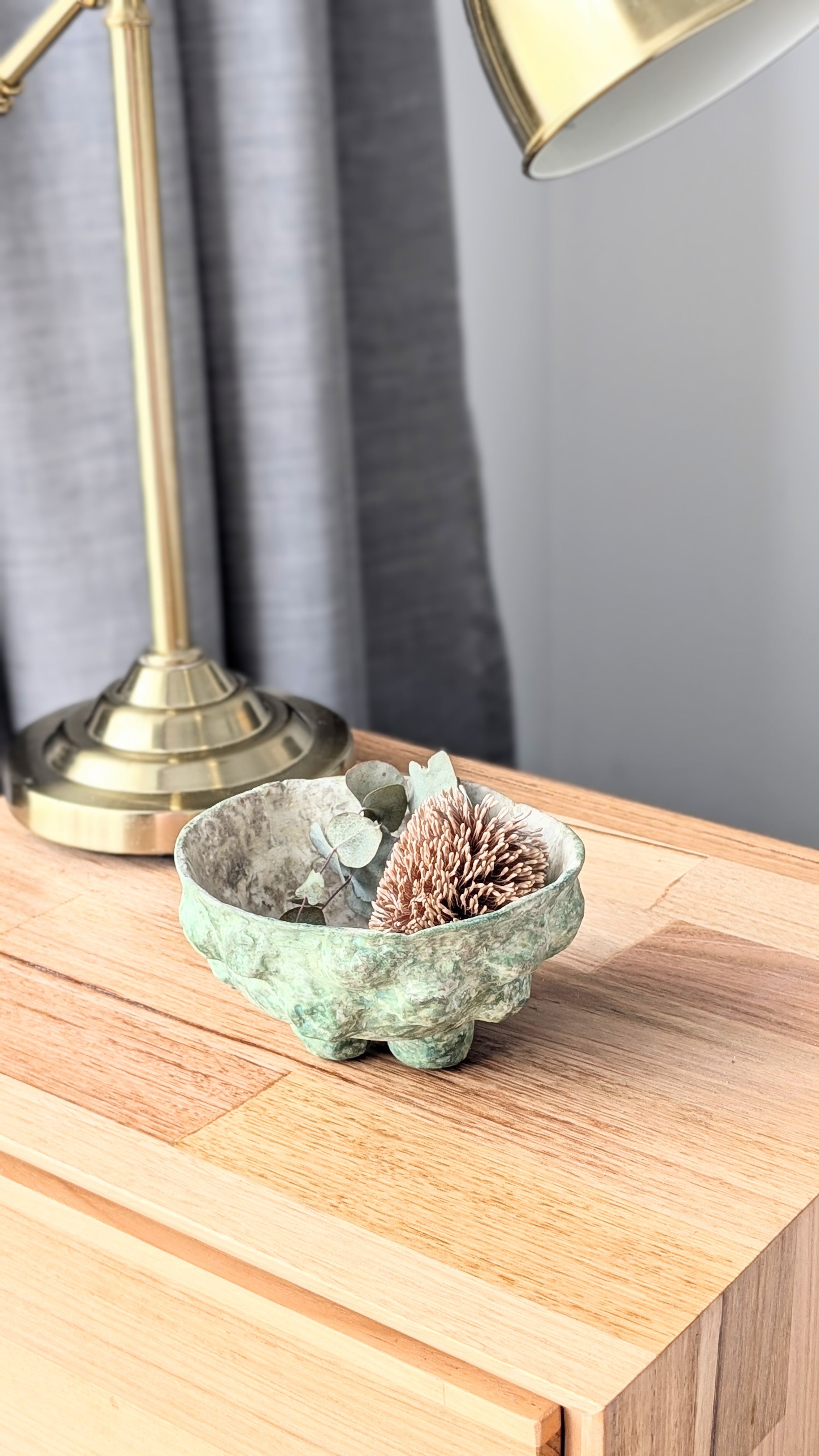Handcrafted Paper Clay Bowl –  Unique Decorative Textured Botanical Green