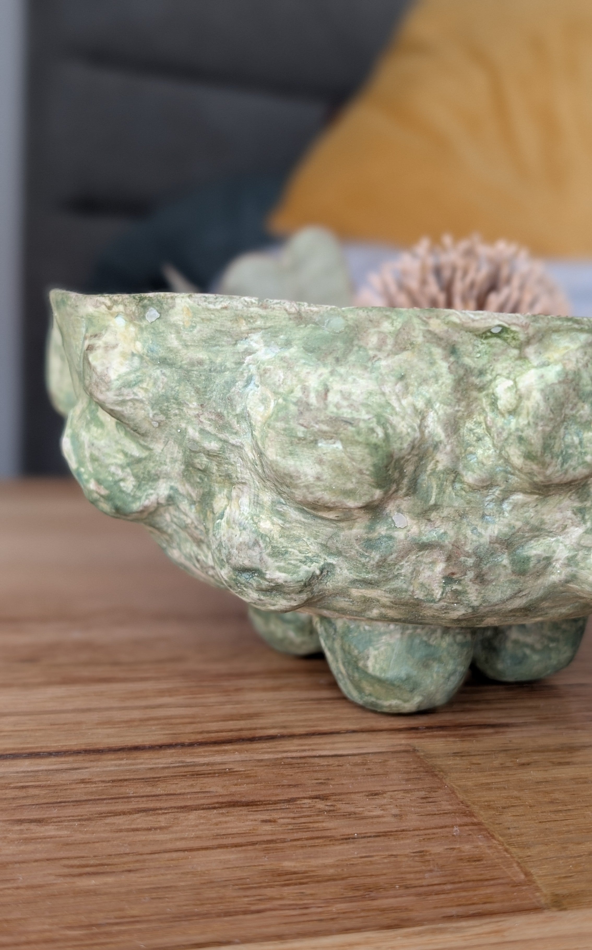 Handcrafted Paper Clay Bowl –  Unique Decorative Textured Botanical Green