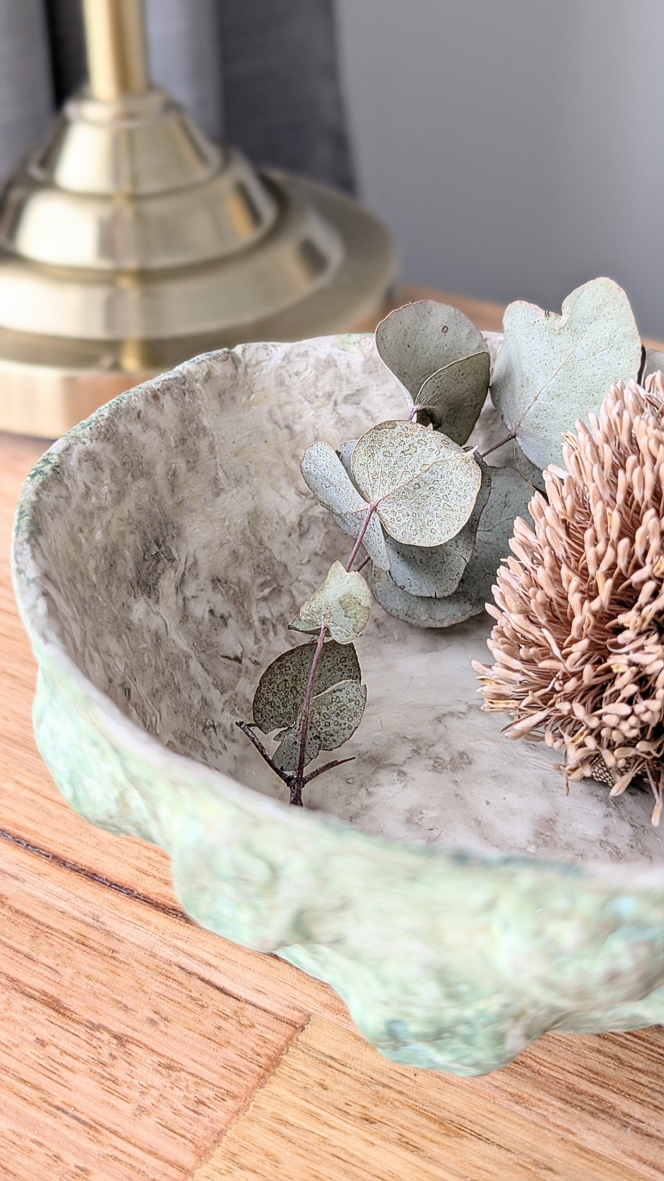 Handcrafted Paper Clay Bowl –  Unique Decorative Textured Botanical Green