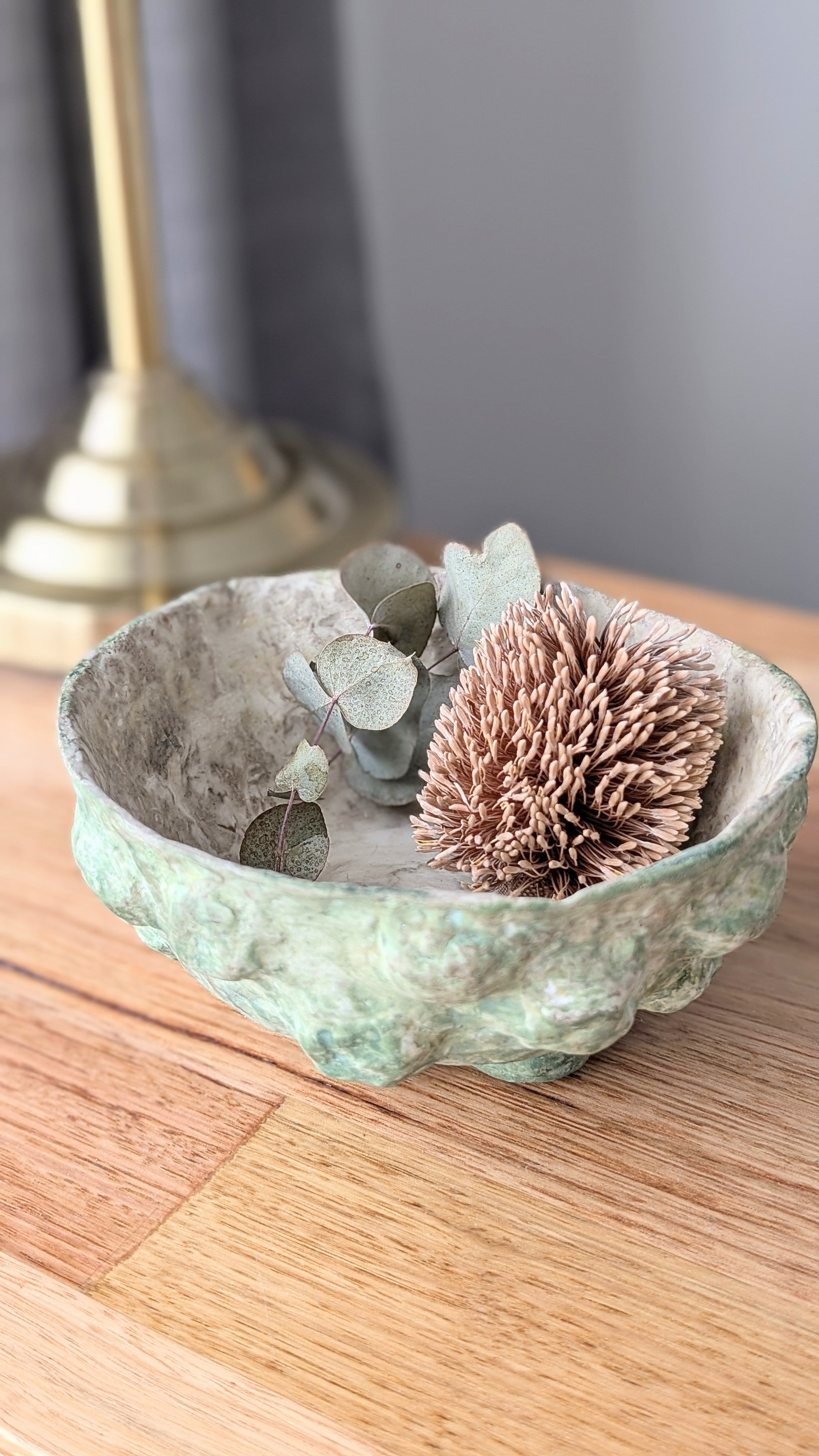 Handcrafted Paper Clay Bowl –  Unique Decorative Textured Botanical Green