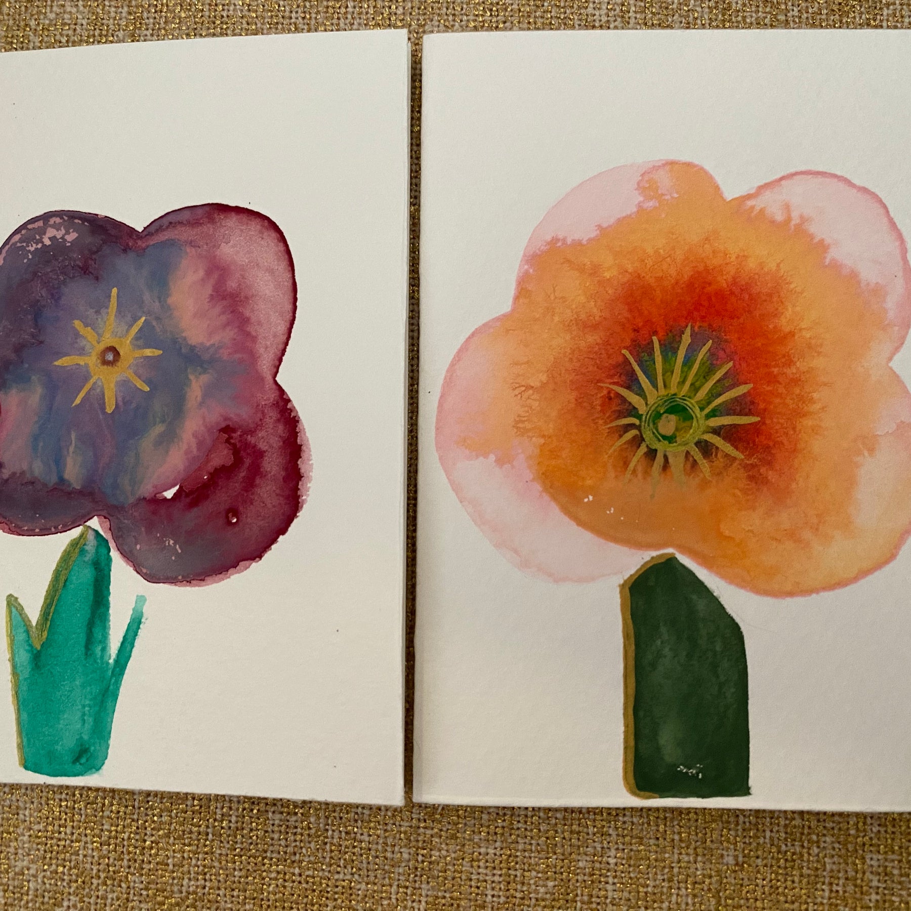 Two Unique Hand Painted Watercolour Cards | Handmade Unique Blank Flower Cards