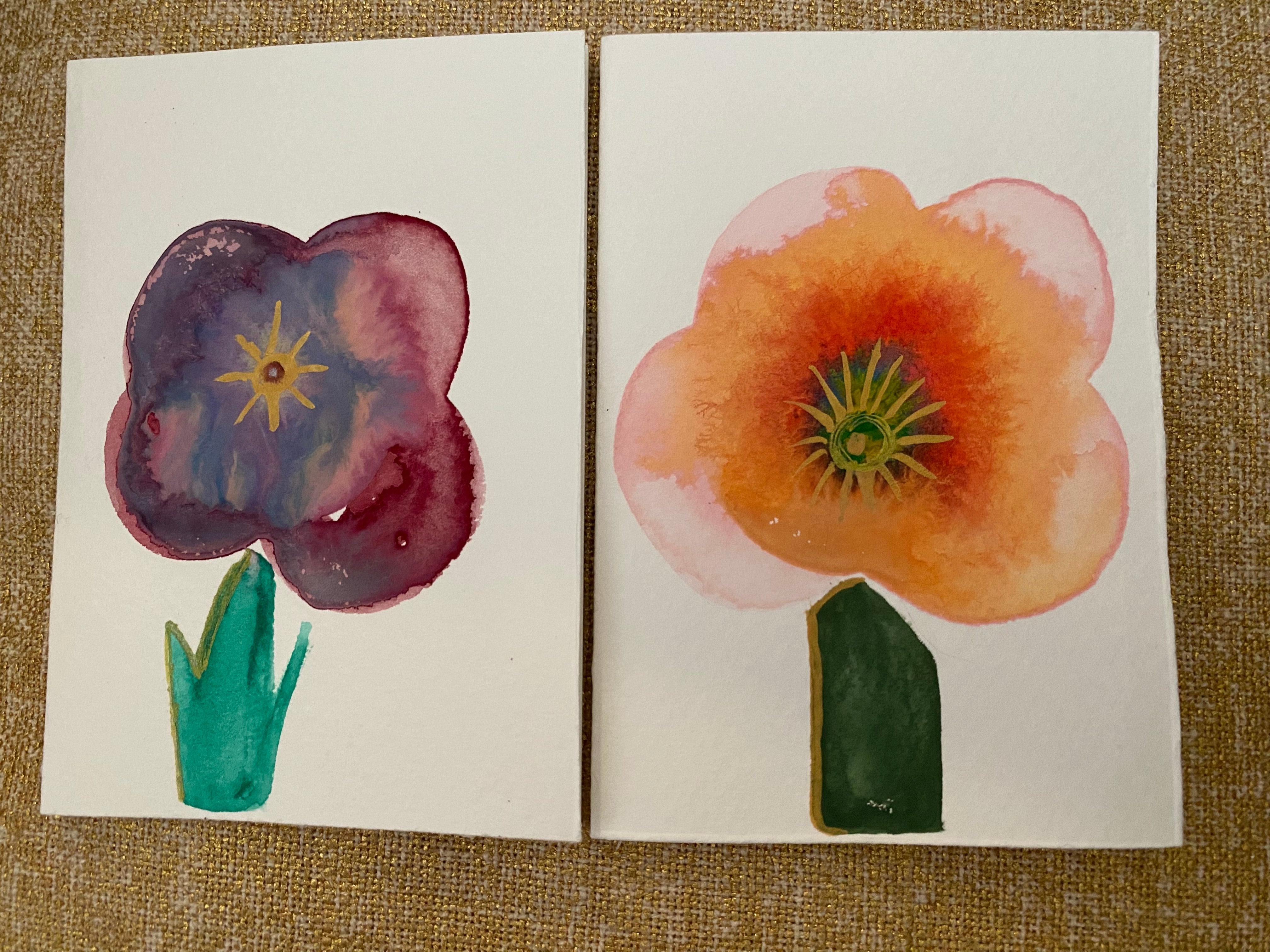 Two Unique Hand Painted Watercolour Cards | Handmade Unique Blank Flower Cards