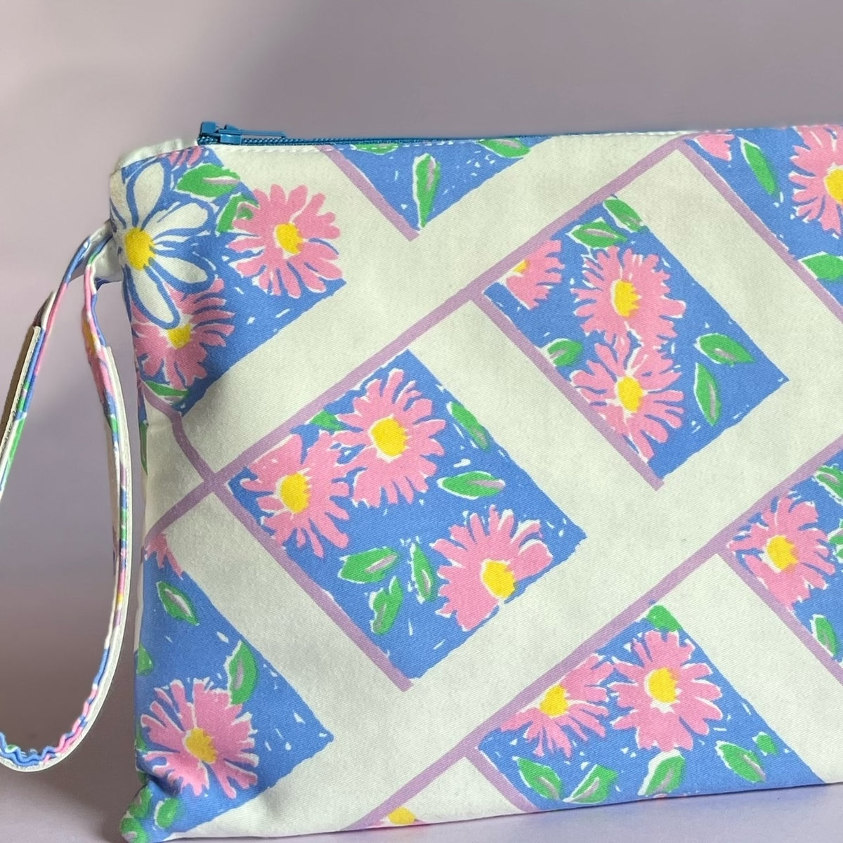 Floral, repurposed vintage fabric zip POUCH wrist strap