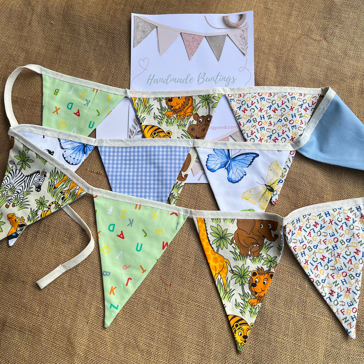 Nursery/celebration Bunting | 3m long | reversible | jungle animals | butterflies