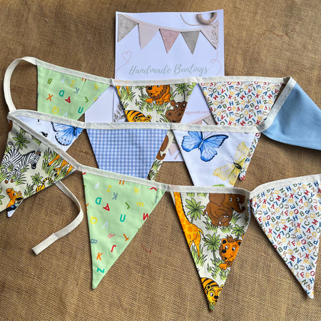 Nursery/celebration Bunting | 3m long | reversible | jungle animals | butterflies