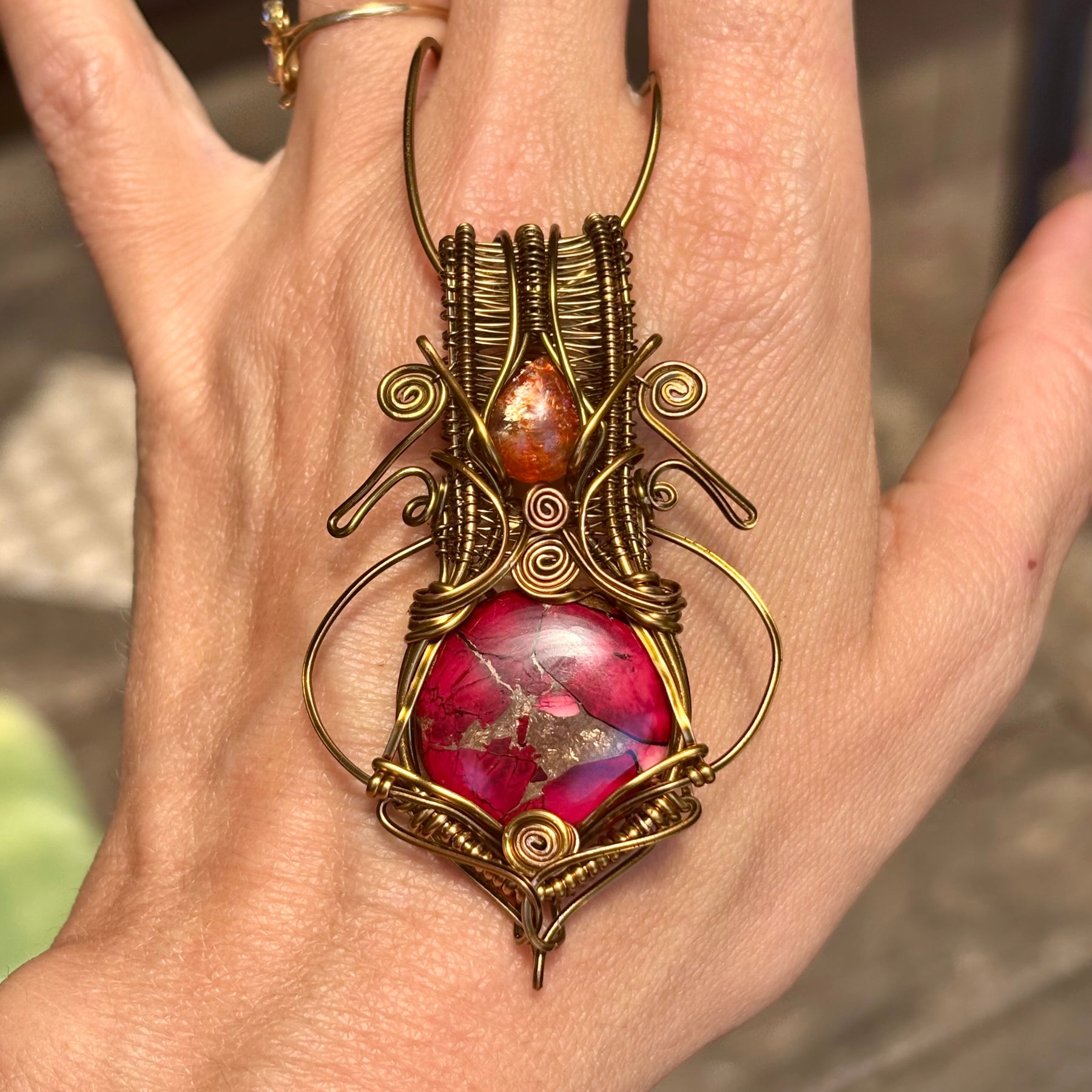 Sunstone Mojave turquoise copper crystal wire wrap pendant