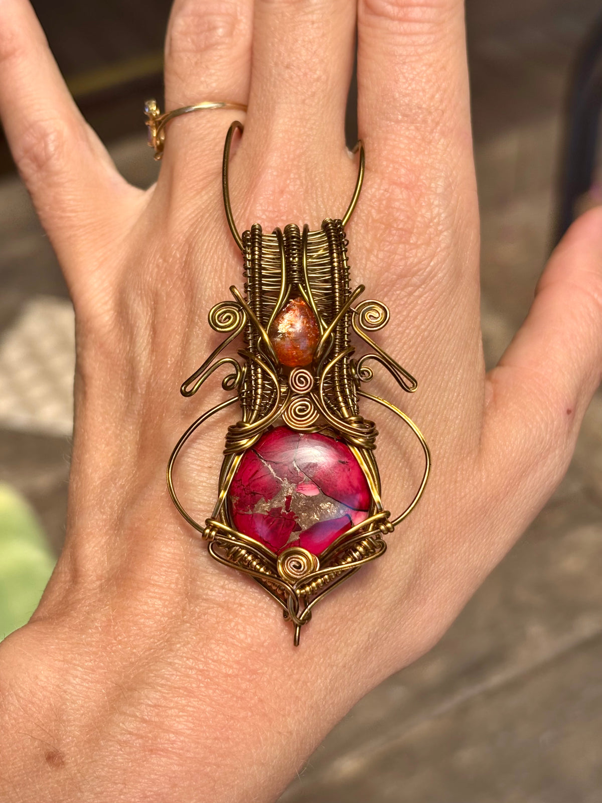 Sunstone Mojave turquoise copper crystal wire wrap pendant