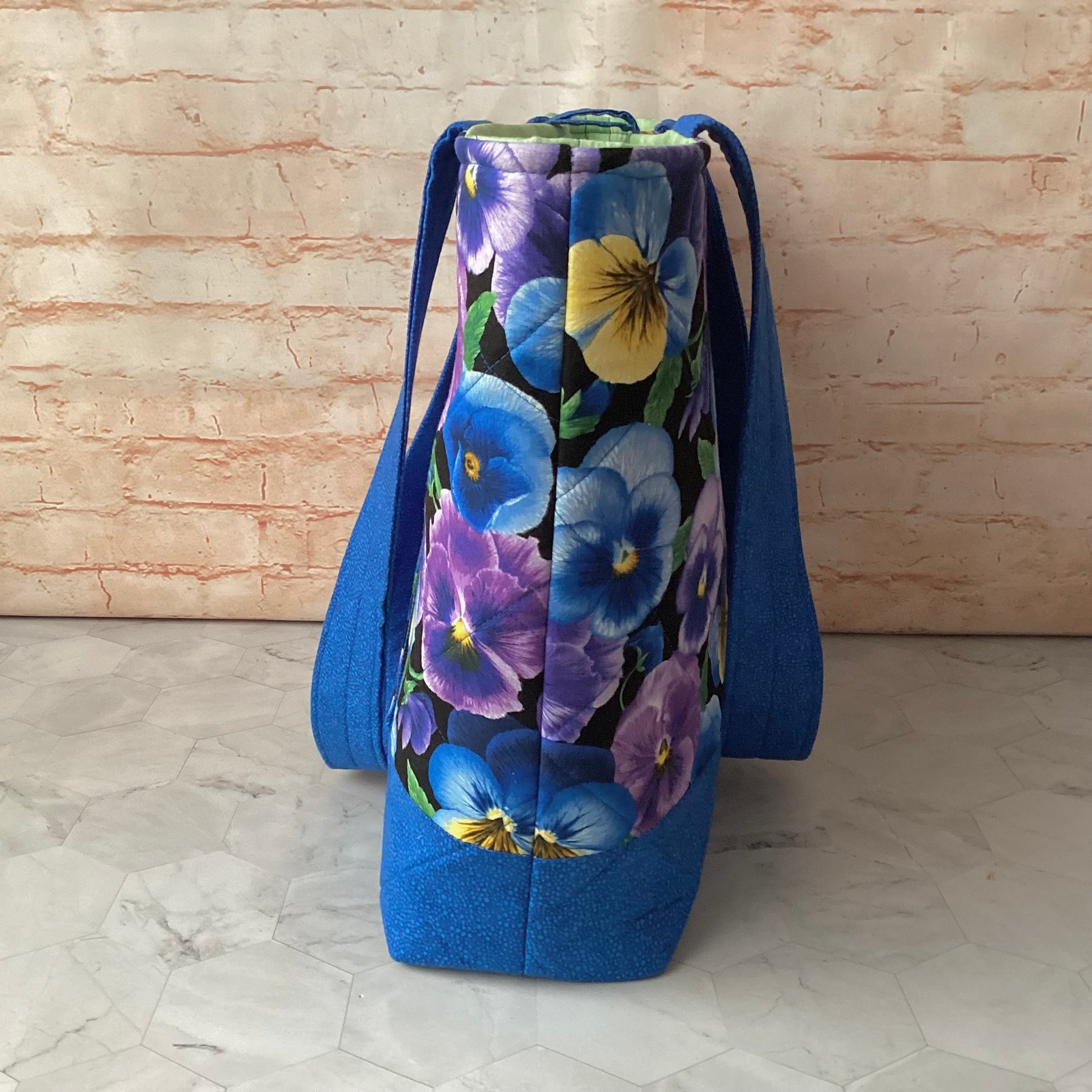 Blue Purple Pansies Floral Tote Bag: Handmade, quilted cotton shoulder bag with pockets