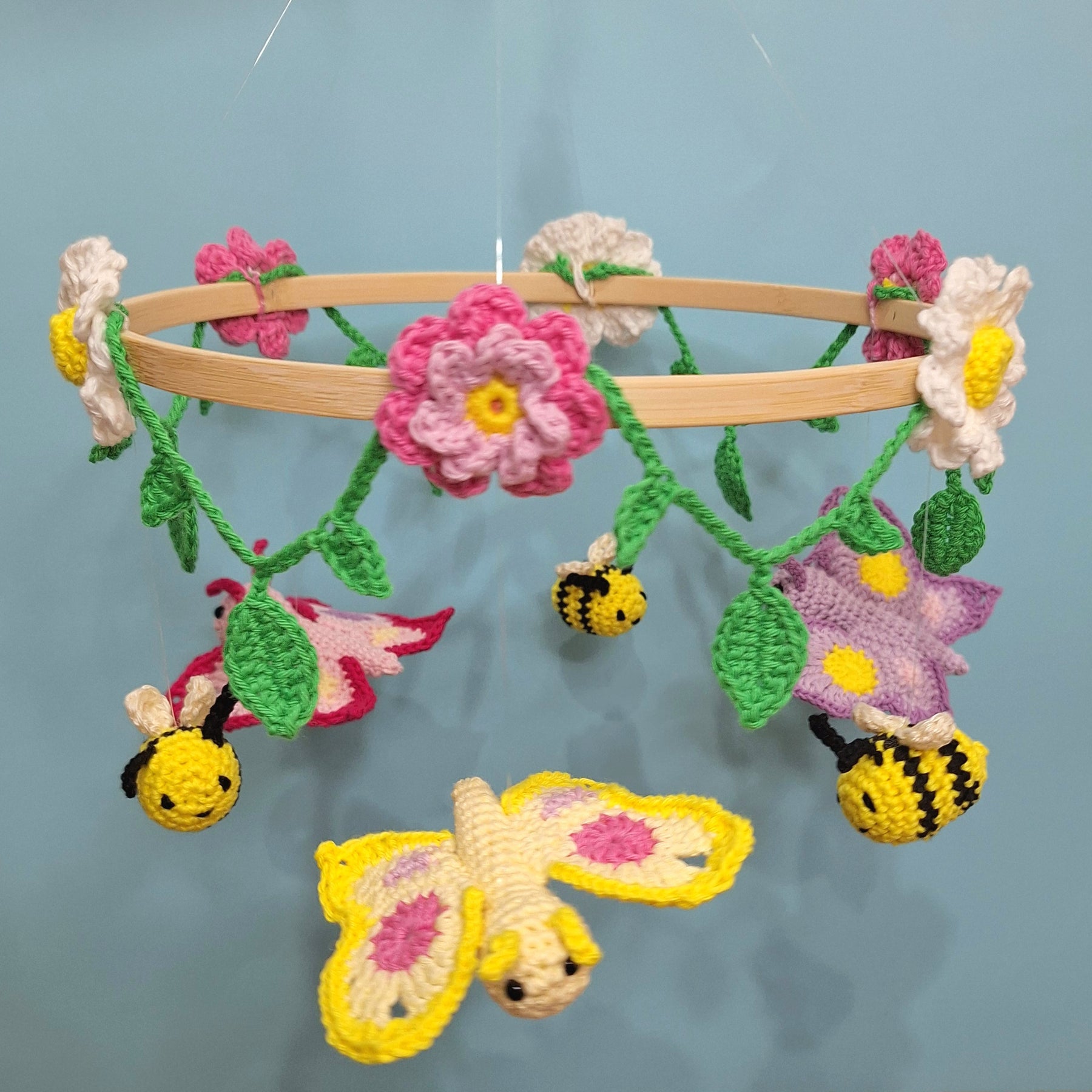 Crocheted Butterfly and Bee Springtime mobile