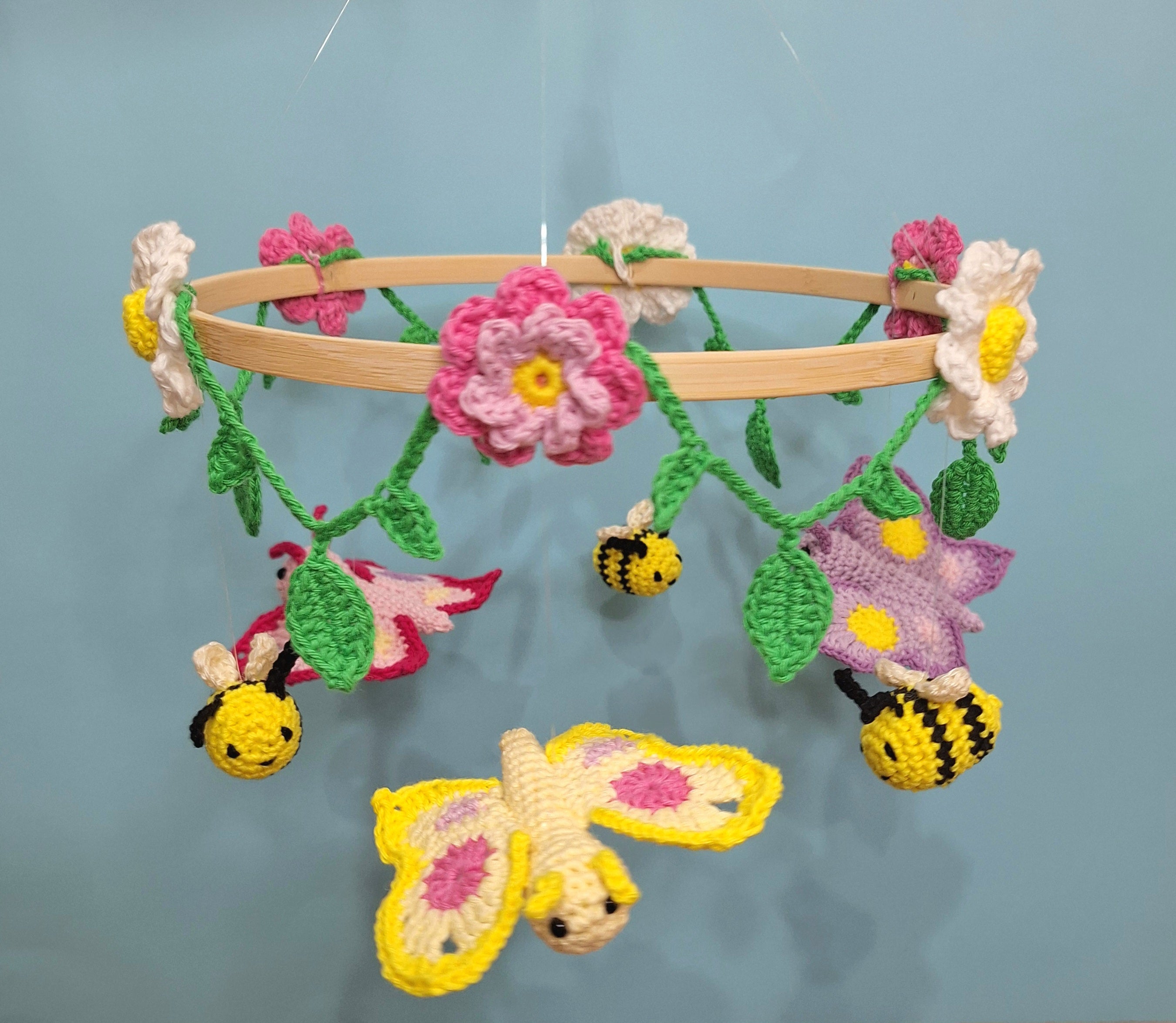 Crocheted Butterfly and Bee Springtime mobile