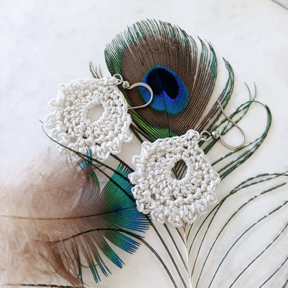 Peacock Feather Earrings - White