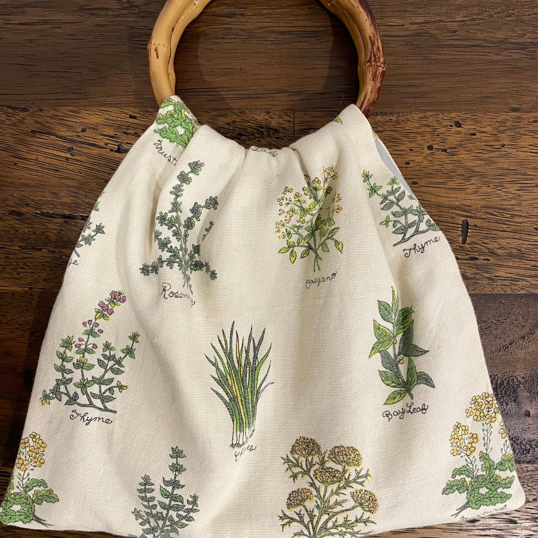 Boho Herb Granny Bag – Reclaimed Napkin Fabric Handbag, Grey Lining