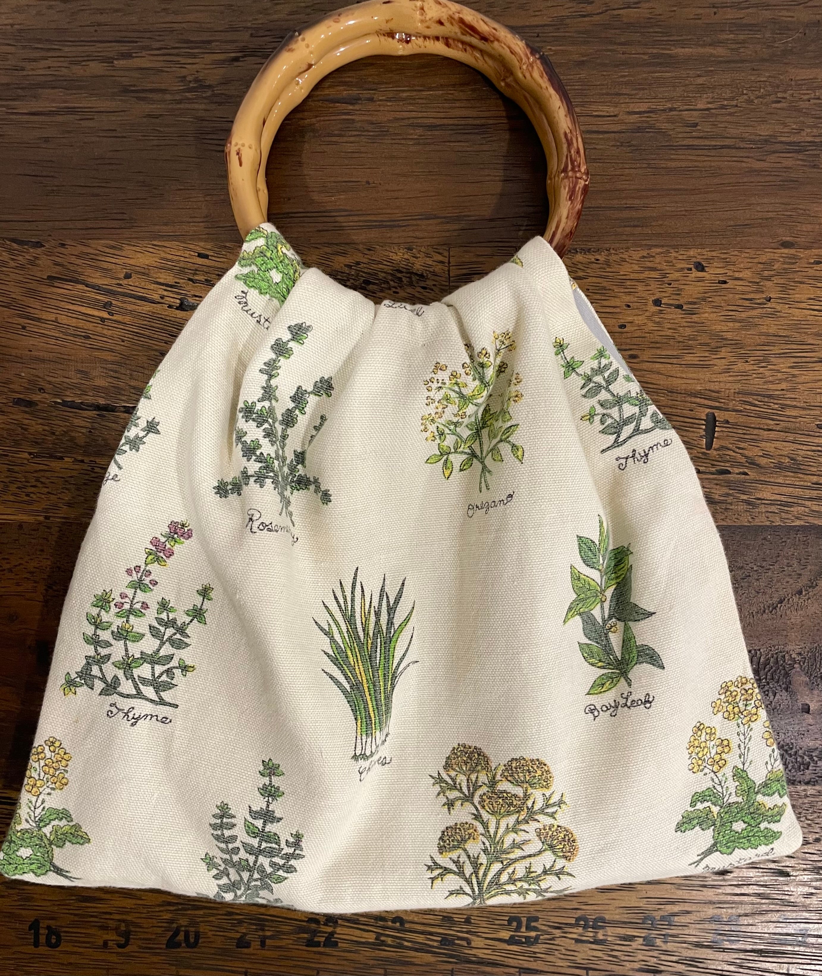Boho Herb Granny Bag – Reclaimed Napkin Fabric Handbag, Grey Lining