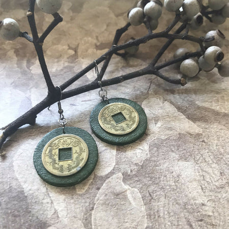 Hand Painted Wooden Earrings with Ancient Chinese Coin Dark Green