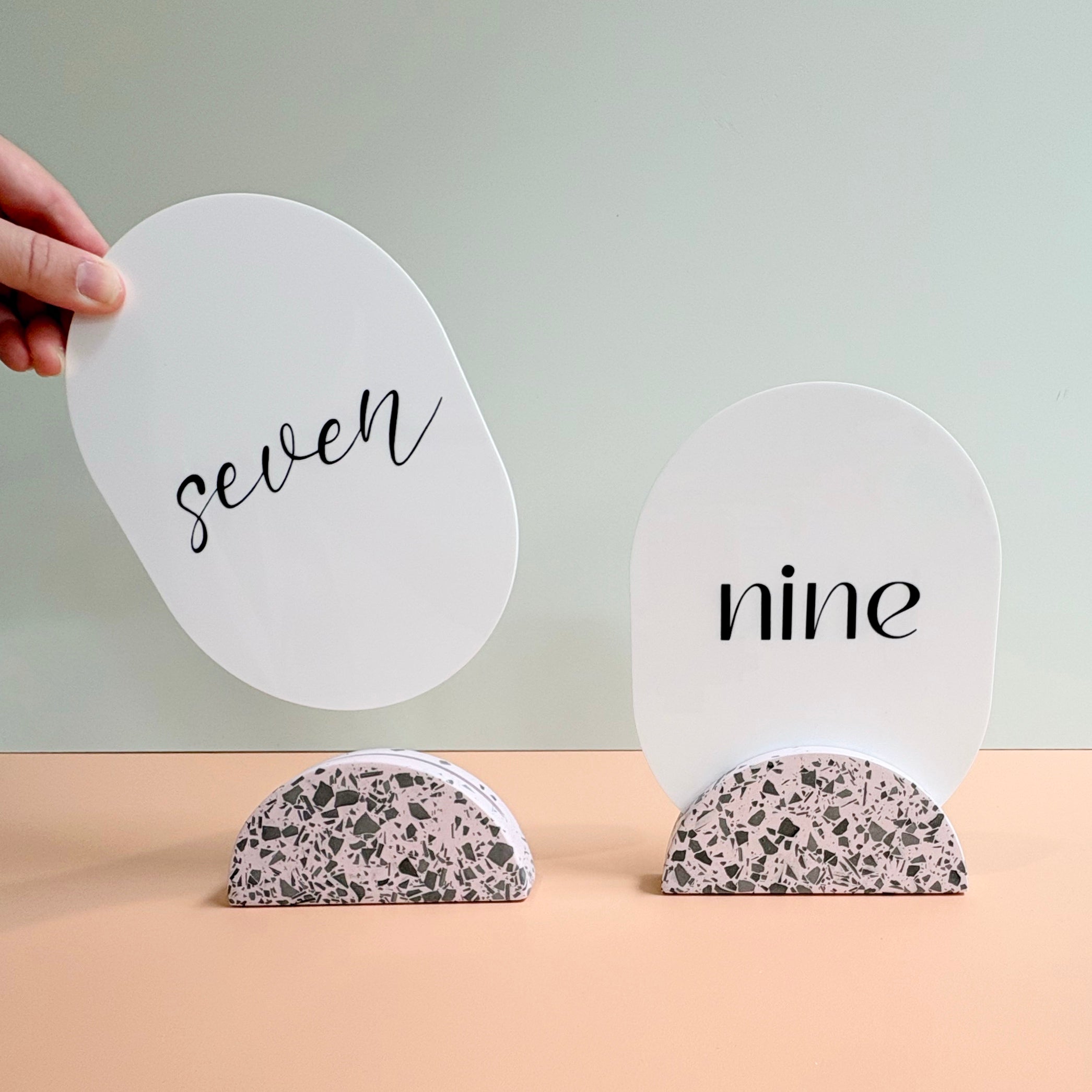 Wedding table numbers, pink and black eco resin terrazzo