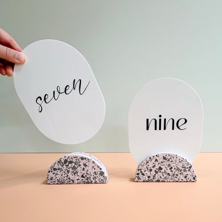 Wedding table numbers, pink and black eco resin terrazzo