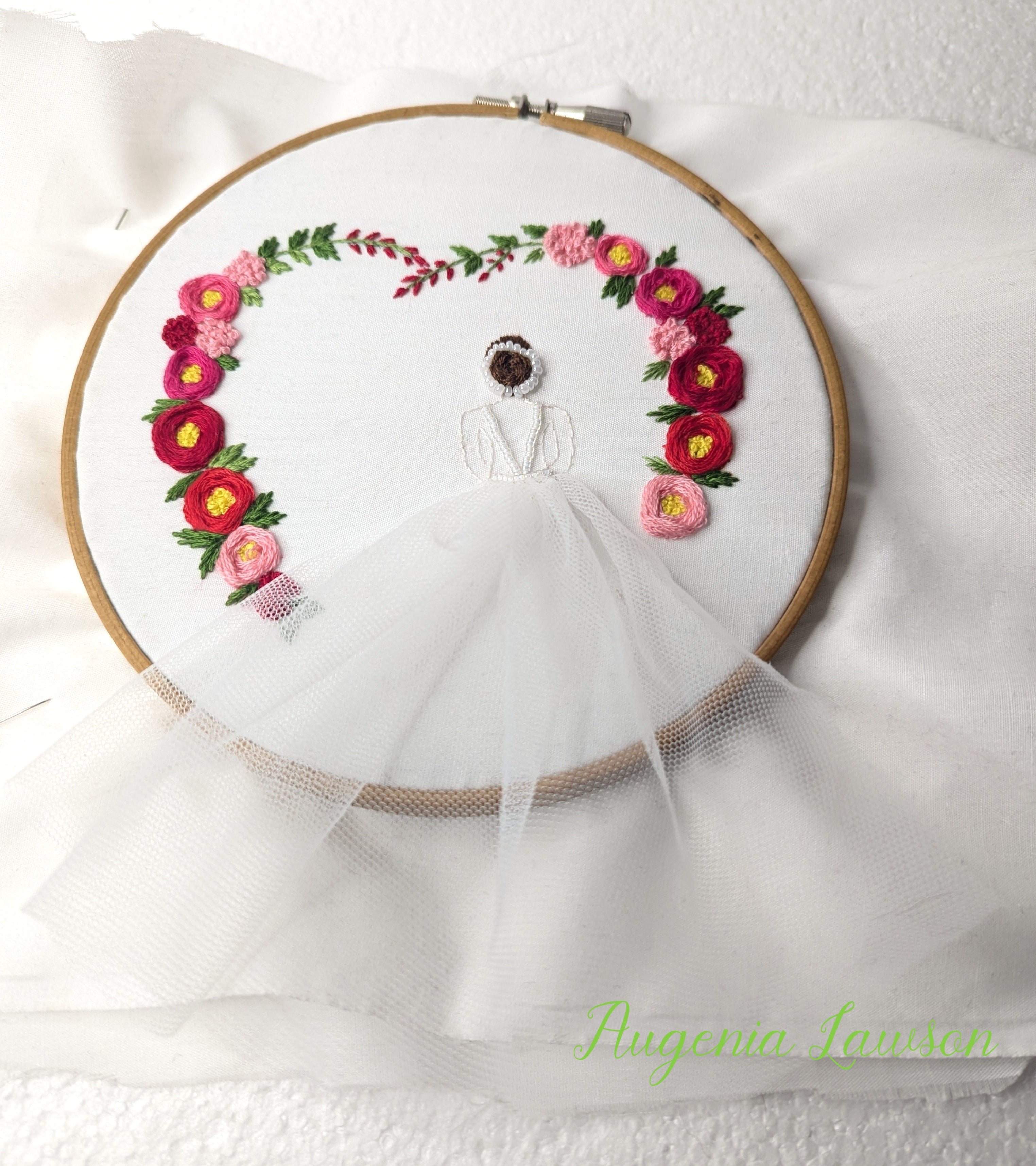 Hand-Embroidered Bride Hoop Art – Custom Name, Initials or Date • Floral Heart & Flowing Tulle Skirt Keepsake