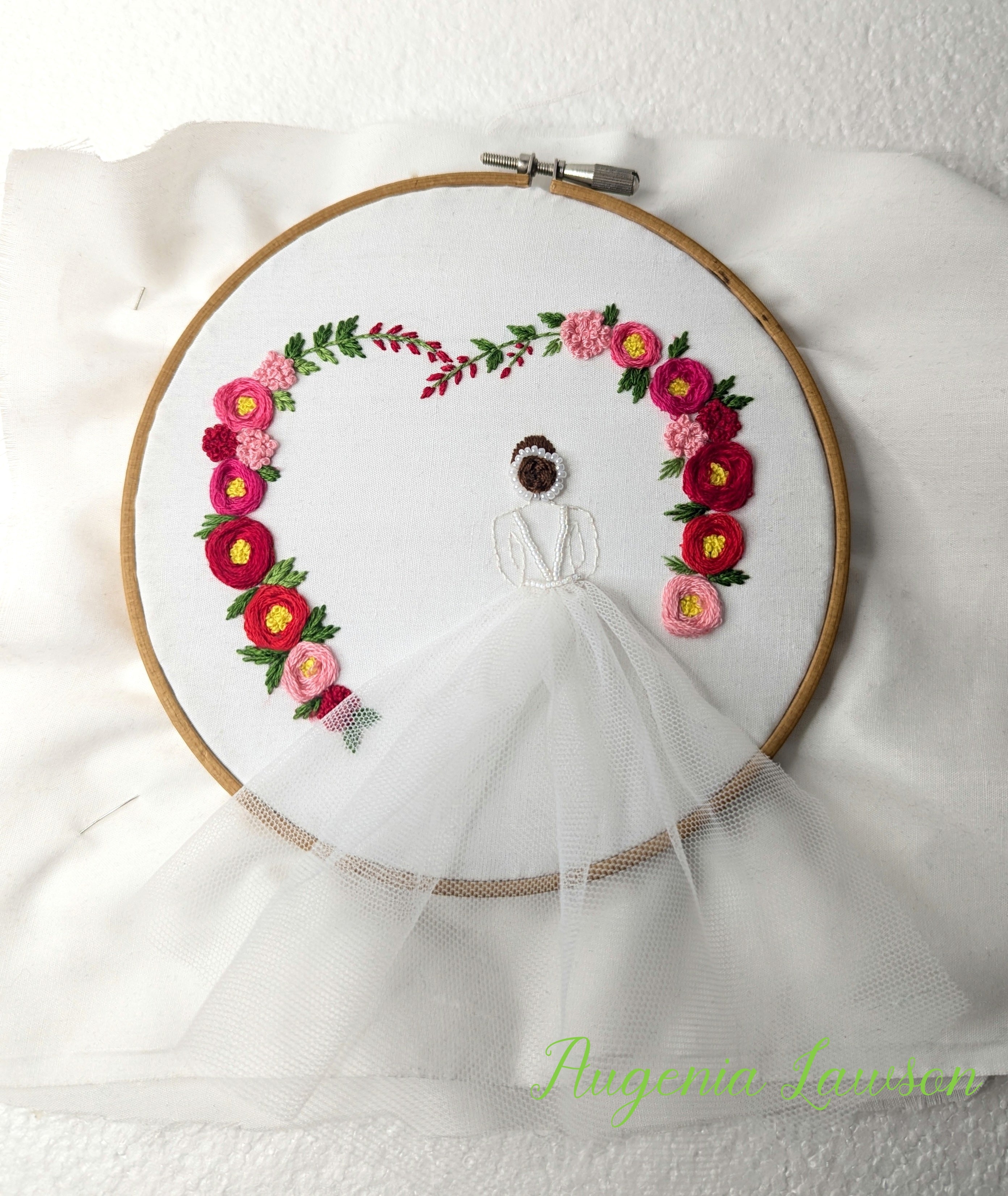 Hand-Embroidered Bride Hoop Art – Custom Name, Initials or Date • Floral Heart & Flowing Tulle Skirt Keepsake
