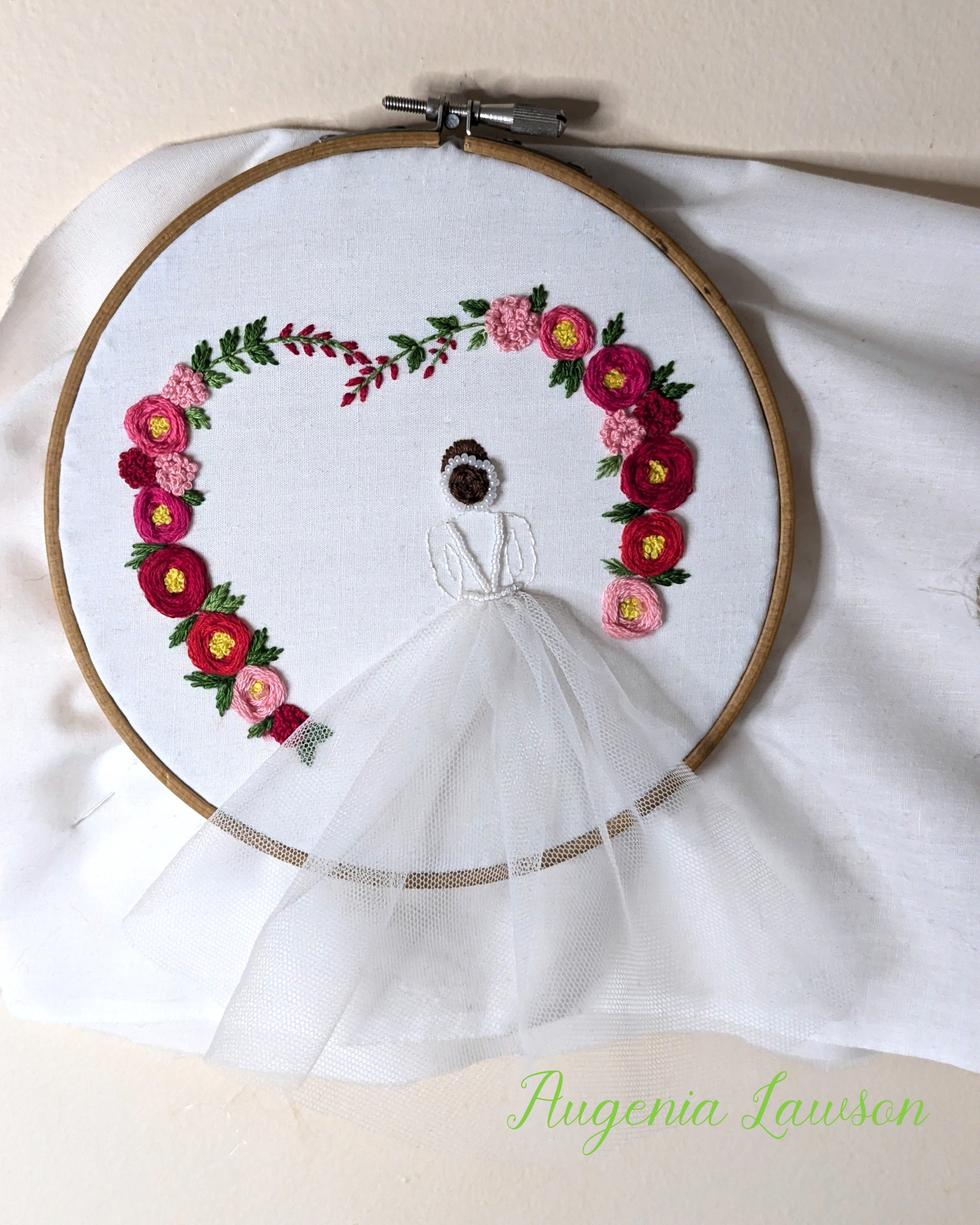 Hand-Embroidered Bride Hoop Art – Custom Name, Initials or Date • Floral Heart & Flowing Tulle Skirt Keepsake