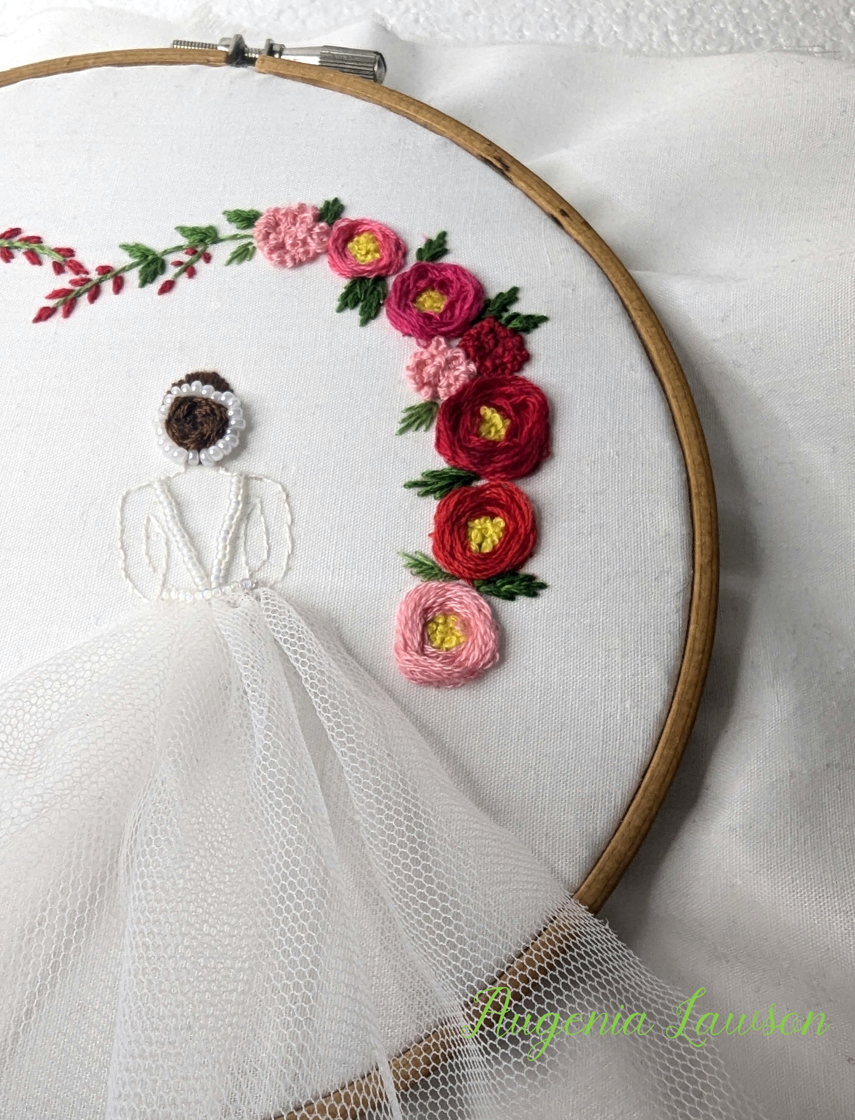 Hand-Embroidered Bride Hoop Art – Custom Name, Initials or Date • Floral Heart & Flowing Tulle Skirt Keepsake