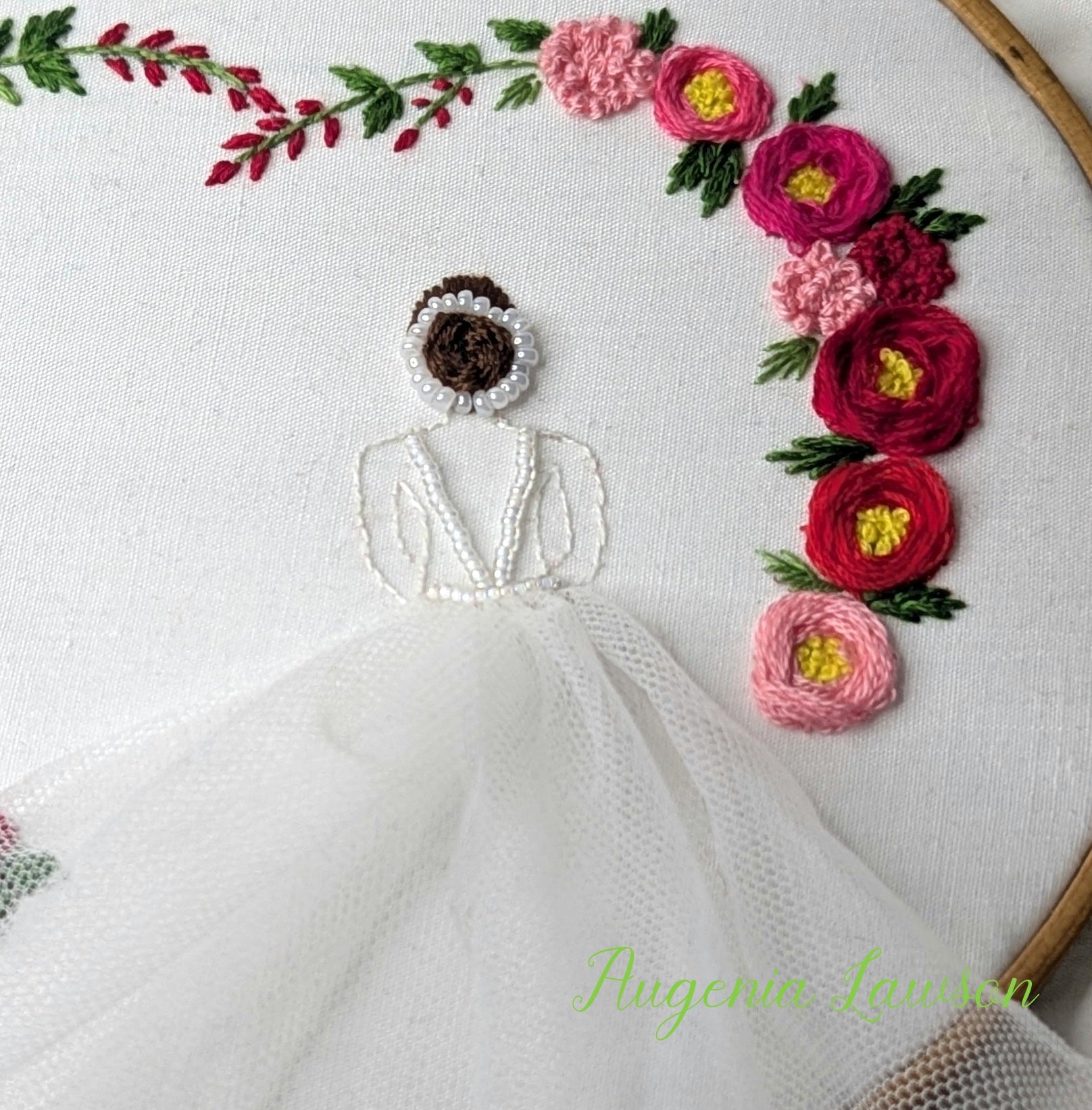 Hand-Embroidered Bride Hoop Art – Custom Name, Initials or Date • Floral Heart & Flowing Tulle Skirt Keepsake