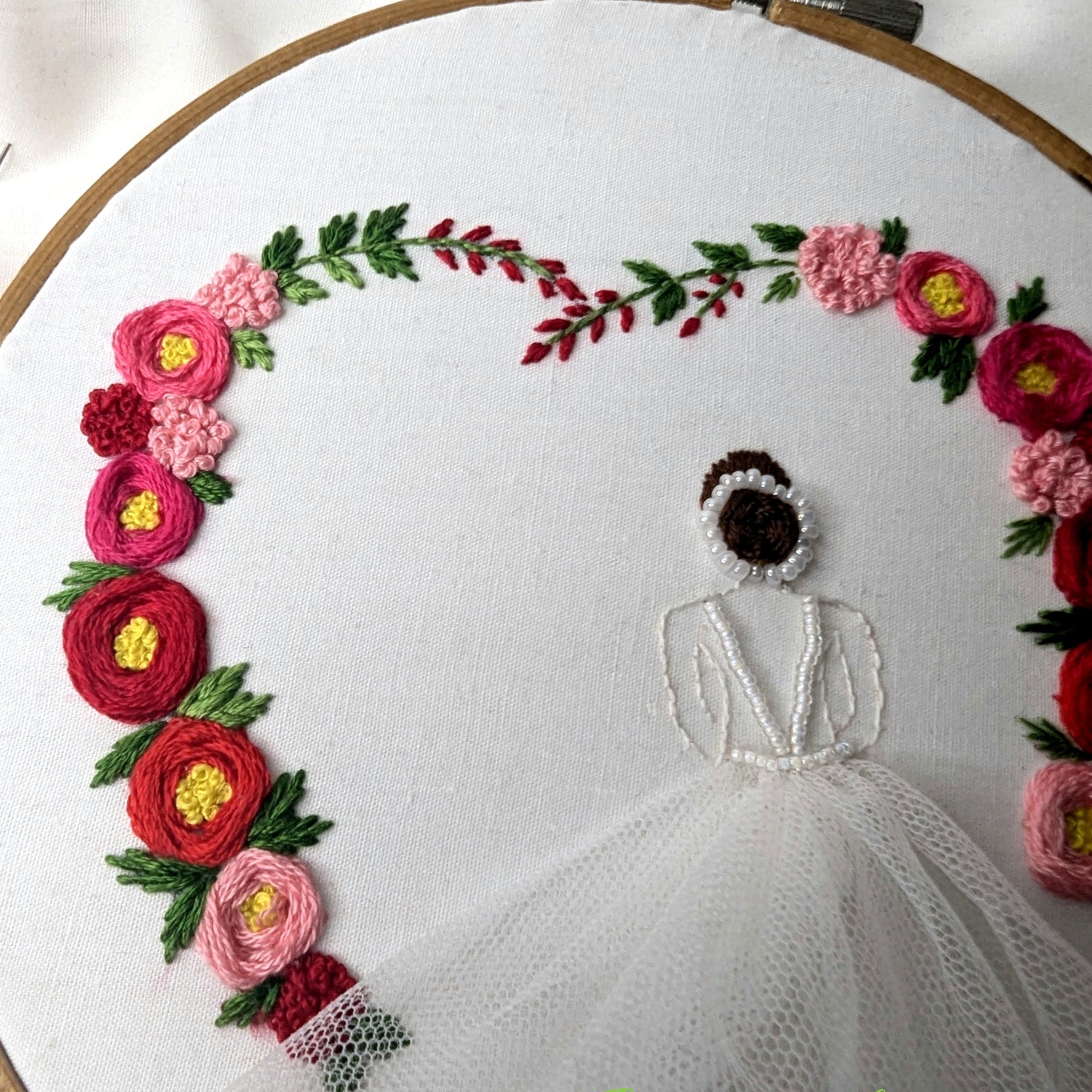 Hand-Embroidered Bride Hoop Art – Custom Name, Initials or Date • Floral Heart & Flowing Tulle Skirt Keepsake