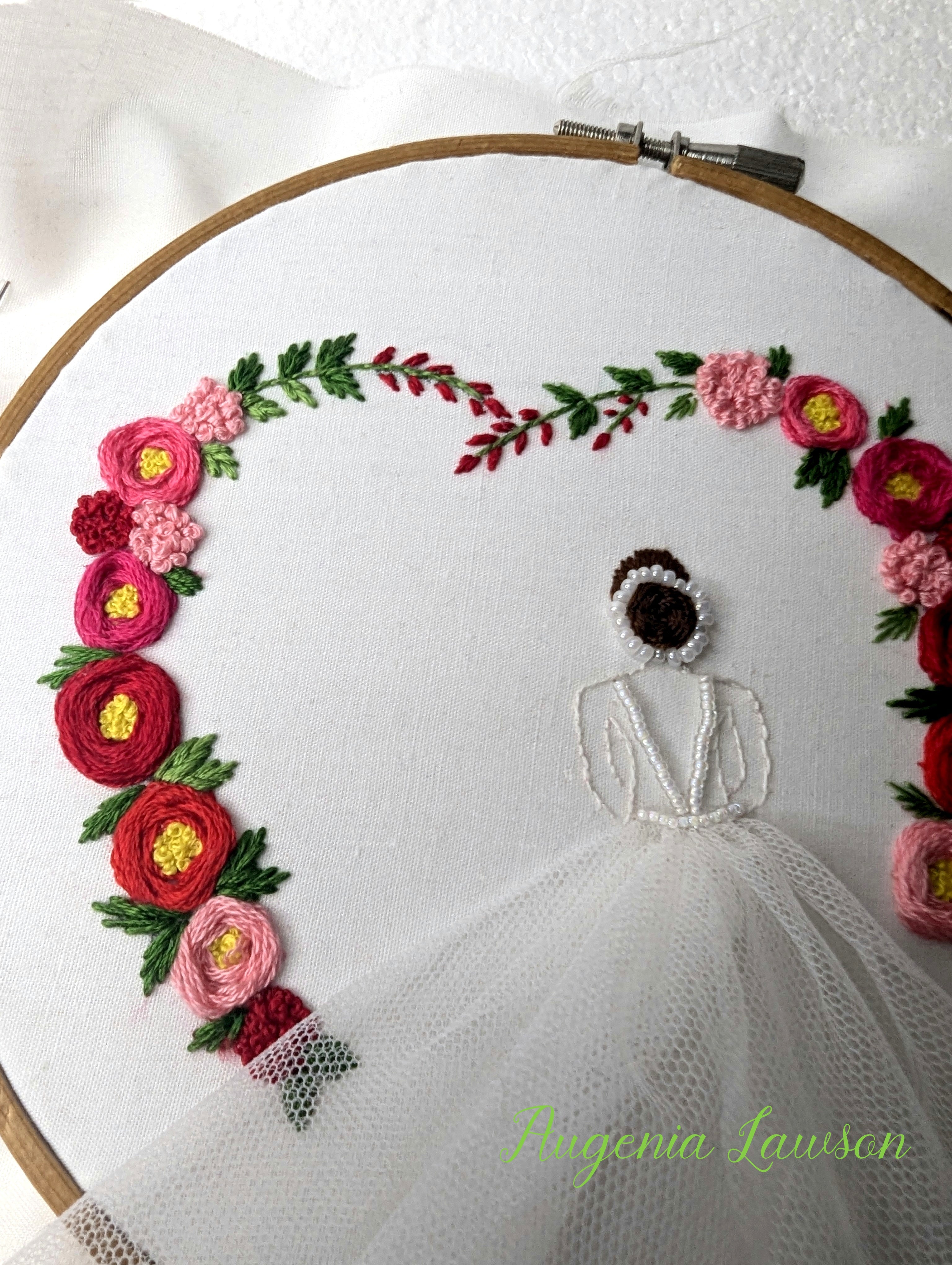 Hand-Embroidered Bride Hoop Art – Custom Name, Initials or Date • Floral Heart & Flowing Tulle Skirt Keepsake