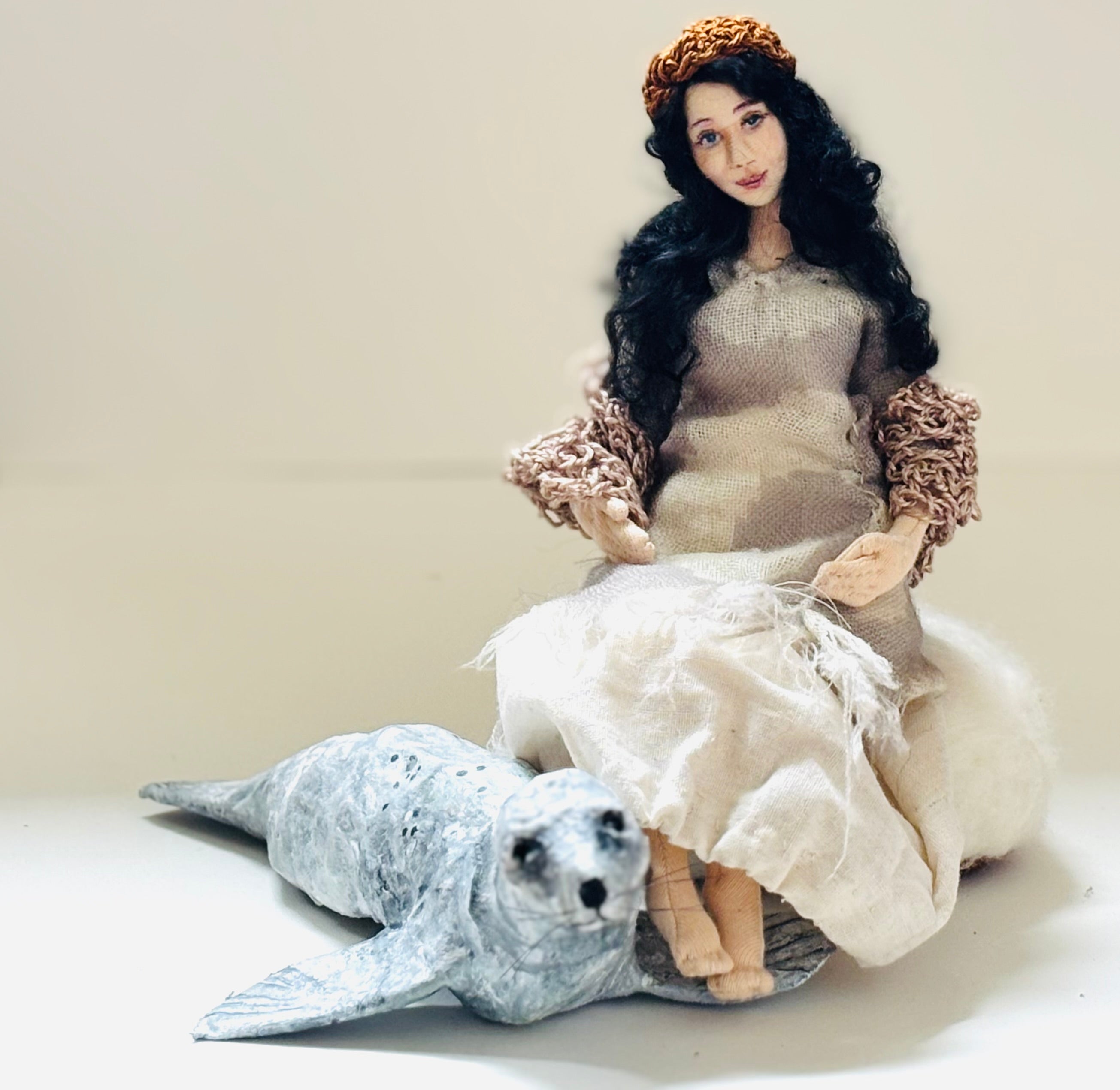 Selkie, mixed media doll, needle felt seal, unique gift