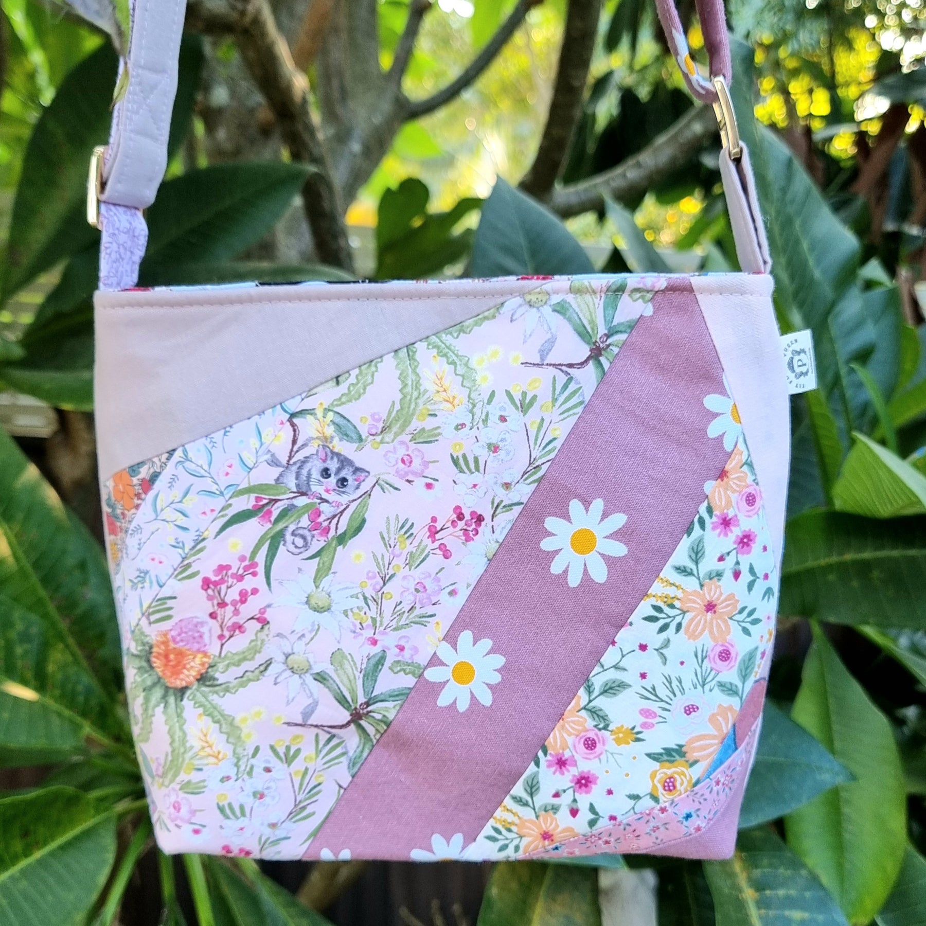 Repurposed Remnants Pink Patchwork Crossbody Bag | Made with fabric scraps
