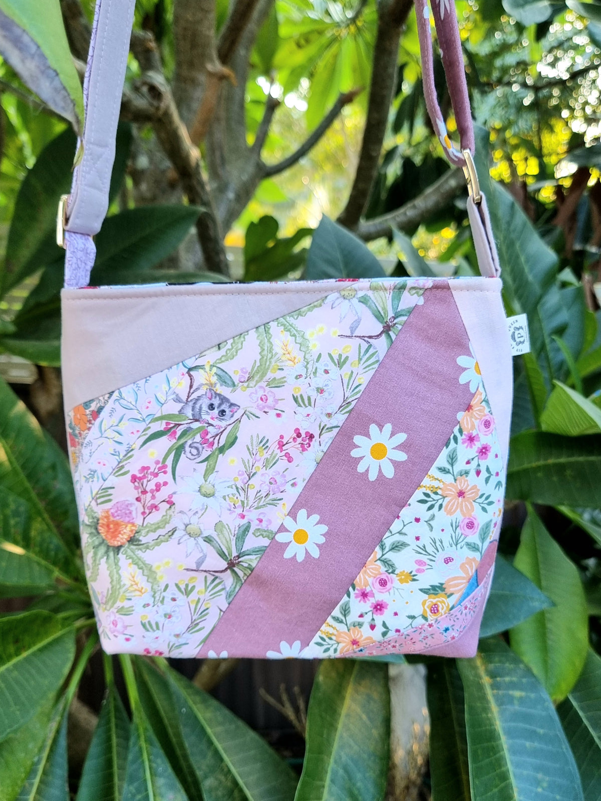 Repurposed Remnants Pink Patchwork Crossbody Bag | Made with fabric scraps