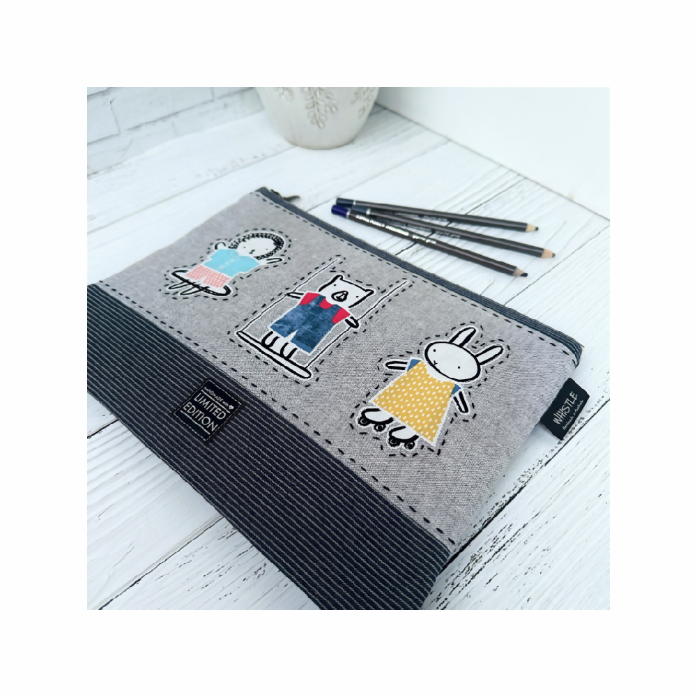 Extra Large Pencil Case with Animal Applique and Embroidery