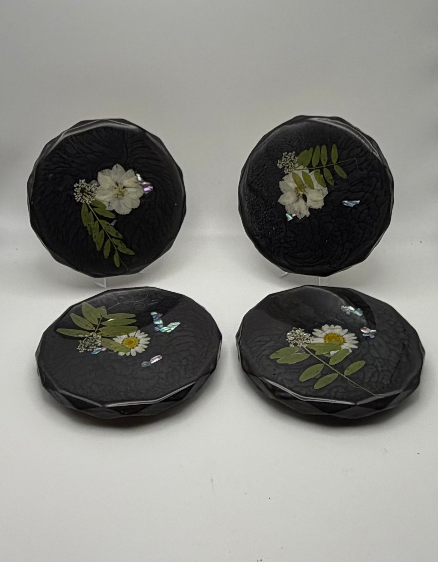 Handcrafted pressed white flower Resin Coasters - set of 4