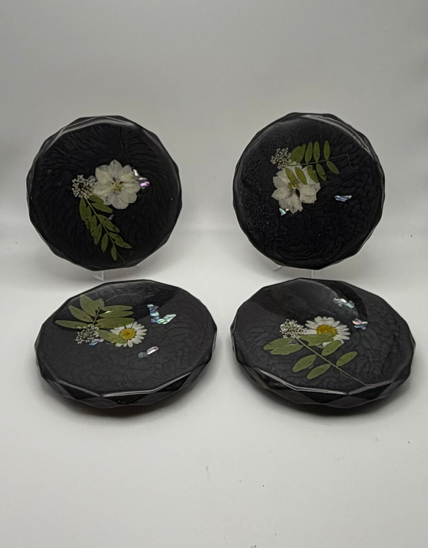 Handcrafted pressed white flower Resin Coasters - set of 4
