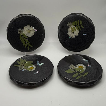 Handcrafted pressed white flower Resin Coasters - set of 4